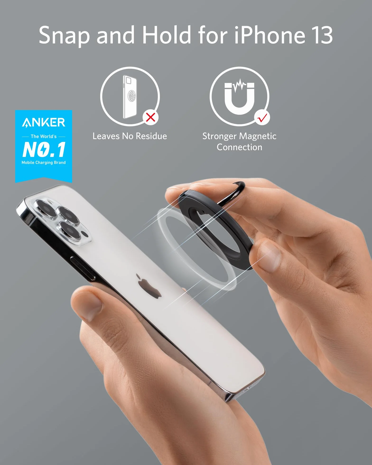 Magnetyczny uchwyt na telefon Anker 610 (MagGo), pierścień, regulowana podpórka, tylko dla iPhone 13, 12/12 Pro/12 Pro Max/12 Mini (szary międzygwiezdny)