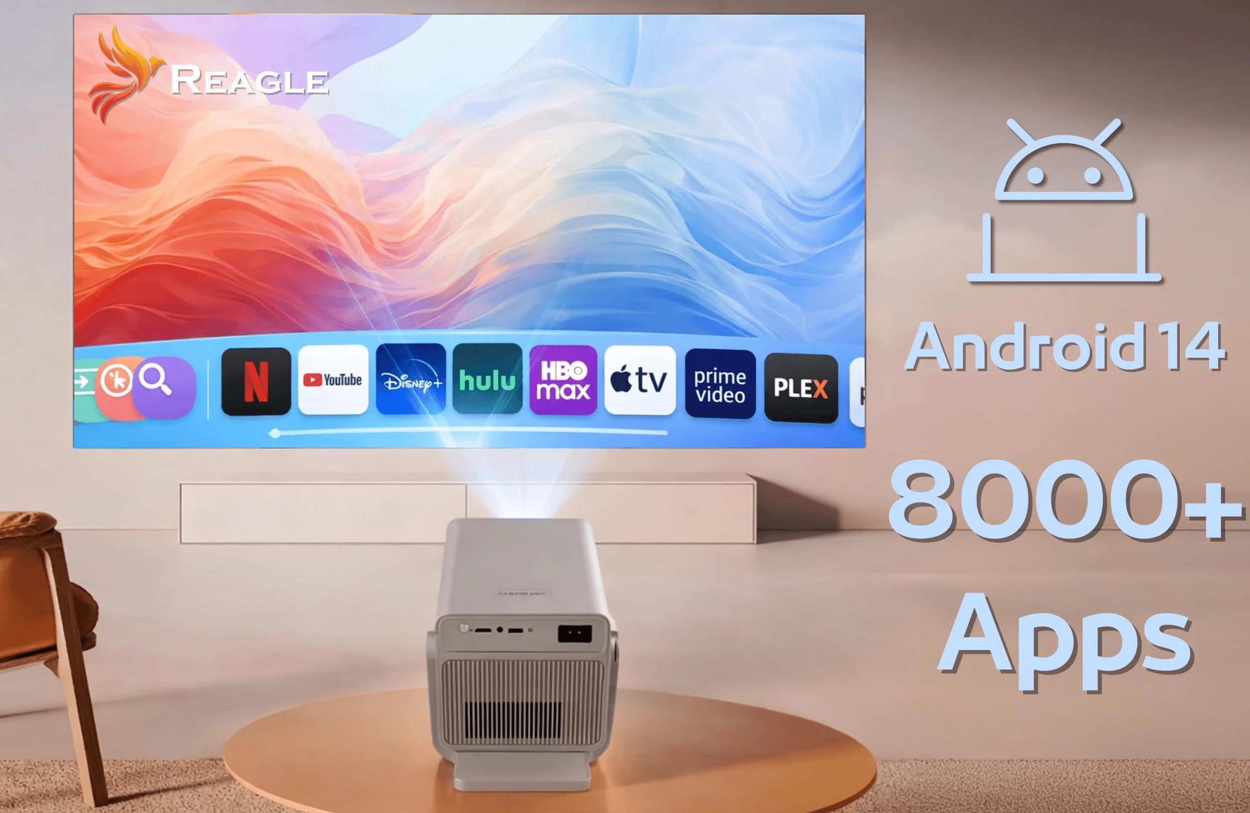Reagle Projektor LED 1000 ANSI Full HD 1080p R-MOVIELUM-P50 z Autofokusem Upscaling Do 4K 8K, ANDROID 14 Smart TV WiFi BT 5.4, 130 Cali, Przenośny Rzutnik Do Kina Domowego Gamingu Laptop Telefon