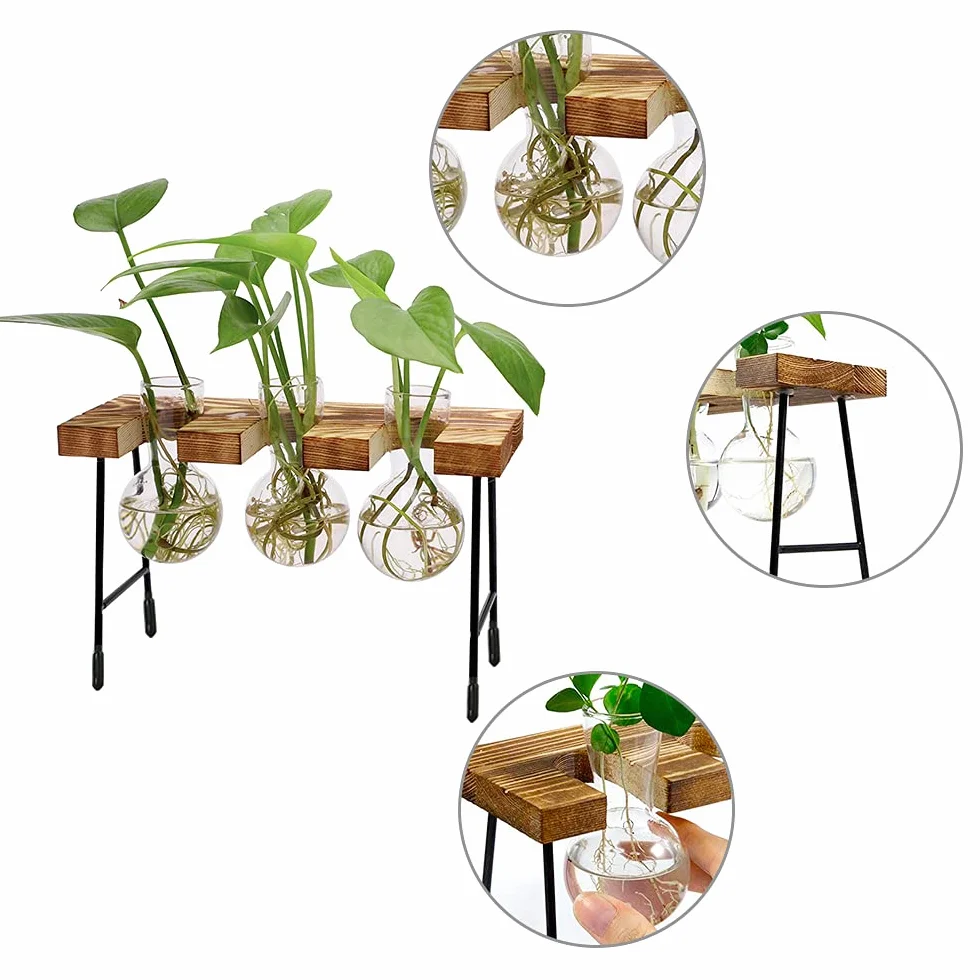 Hydroponiczny szklany wazon, wazon hydroponiczny, szkło do terrarium, z drewnianym regałem, na hydroponiki, rośliny, rośliny powietrzne, terrarium, domowe biuro, dekoracja ogrodowa, 3 wazony na kwiaty