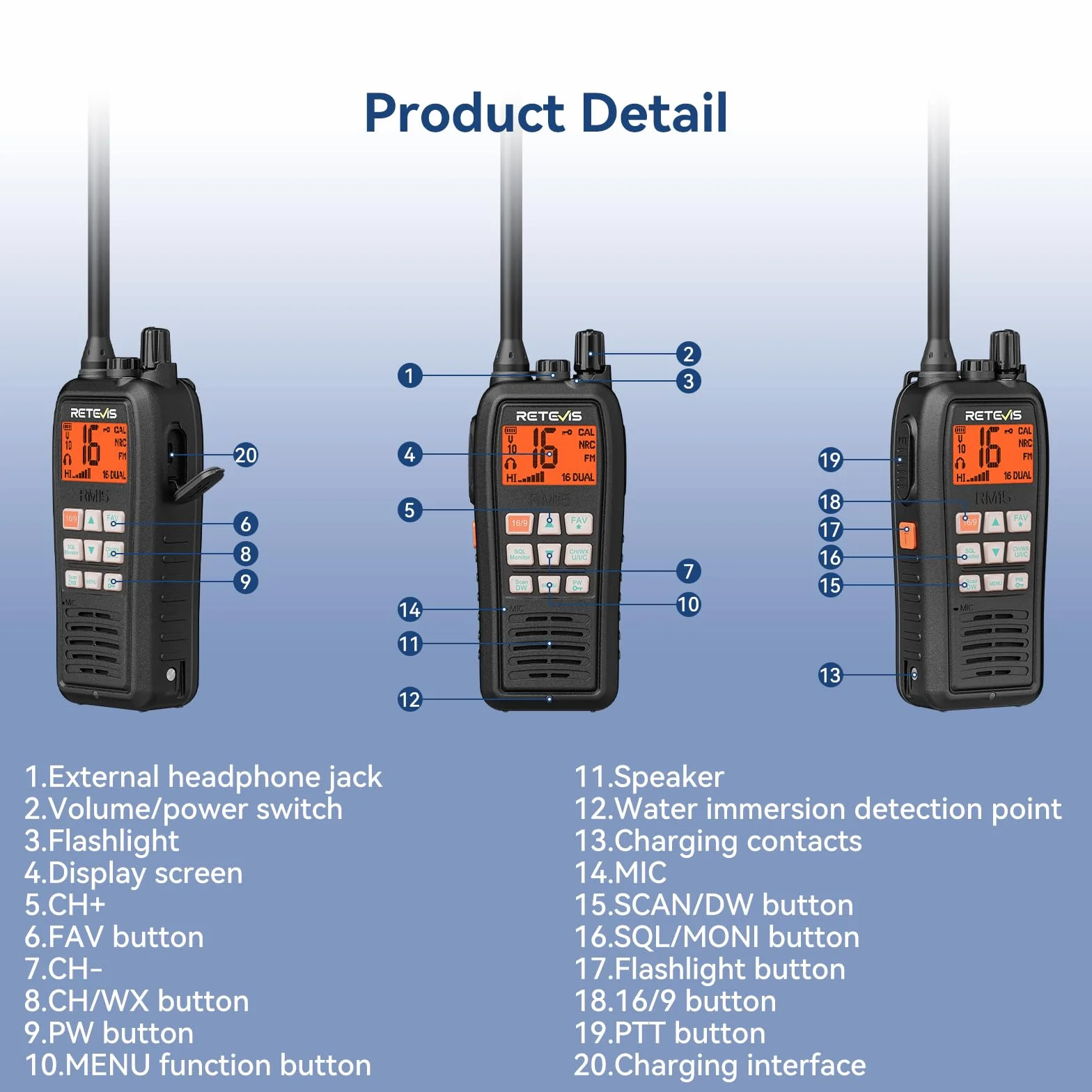Retevis RM15 VHF Radio Marine, IP68 Pływające Ręczne Radio, Bateria 2000 mAh, Dwukolorowy Ekran, Międzynarodowe Kanały Morskie, Ship to Shore z Głośnikiem dla Łodzi (1 Opakowanie)