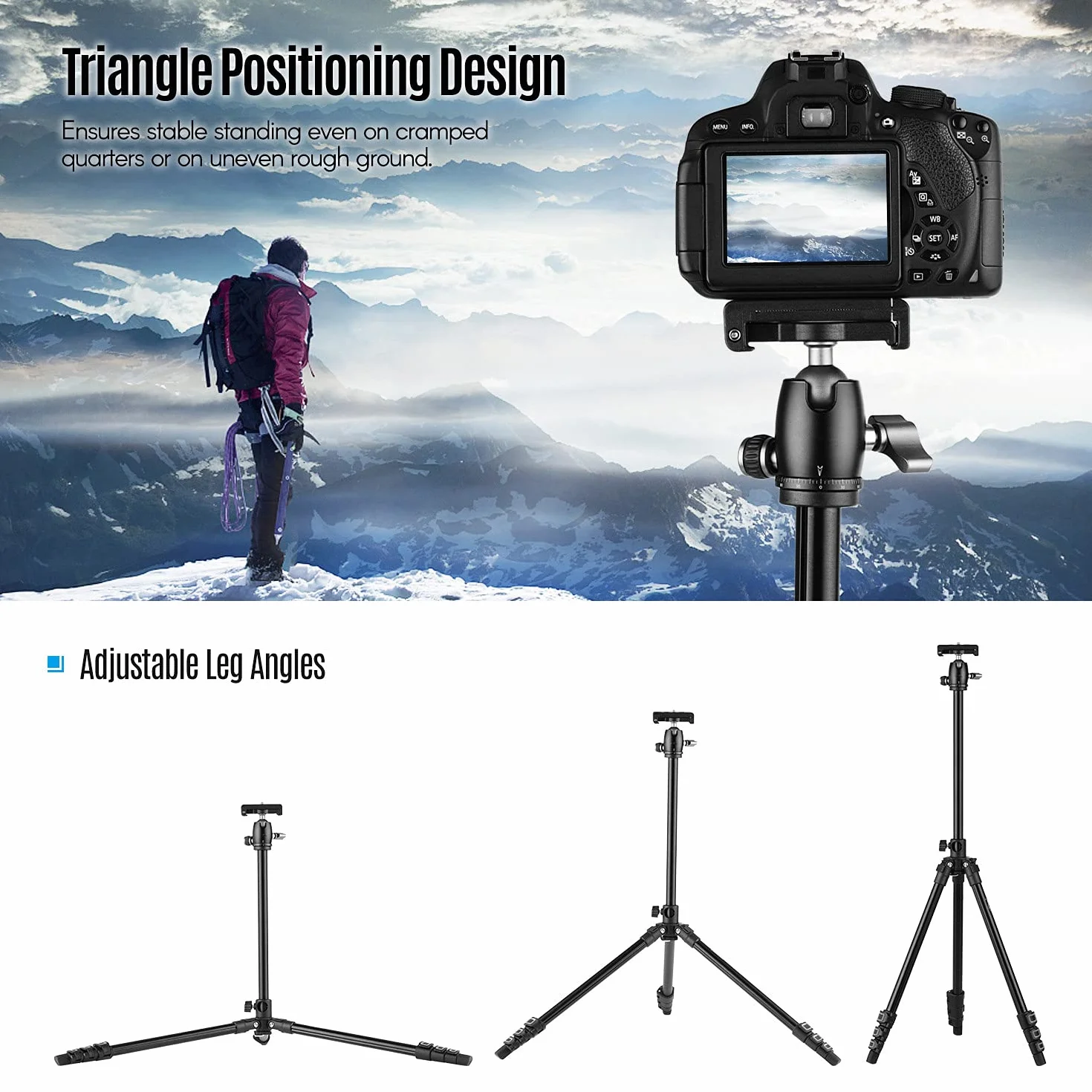 Andoer Q160H statyw do aparatu fotograficznego, poziomy, profesjonalny statyw podróżny z panoramiczną głowicą kulową 360°, uchwyt na telefon, pilot zdalnego sterowania, do lustrzanek cyfrowych, smartfonów, kompatybilny z Canon Nikon Sony
