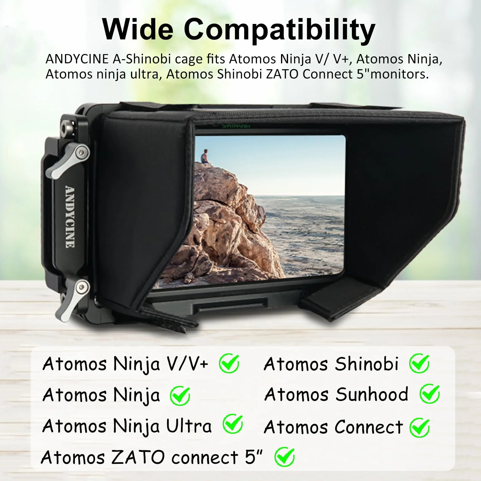 Klatka monitora ANDYCINE z osłoną przeciwsłoneczną kompatybilna z Atomos Ninja V/Ninja V+/Shinobi, wbudowanymi szynami Nato i zaciskiem kabla HDMI
