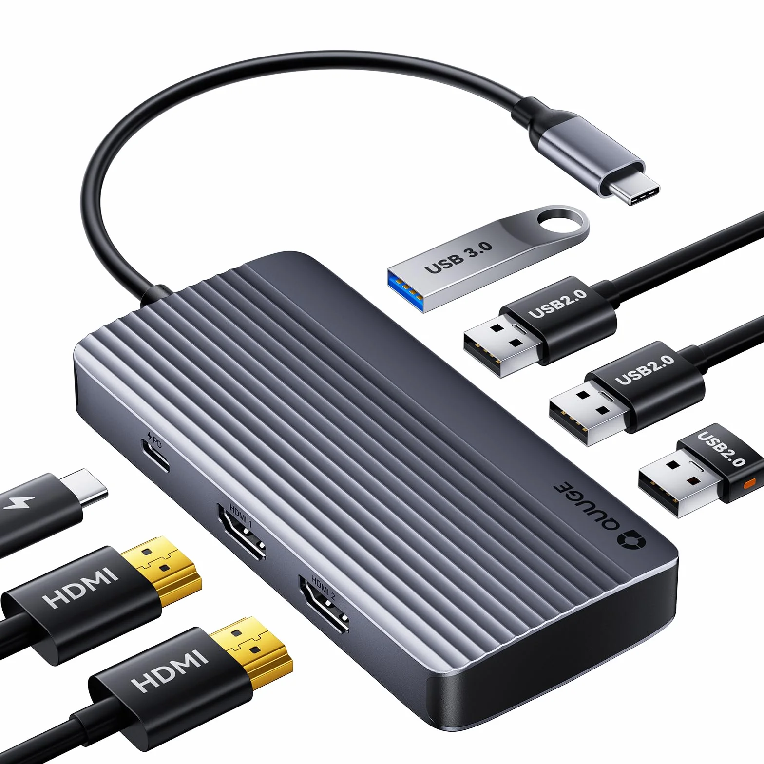 USB C Hub Dual HDMI, stacja dokująca QUUGE 7 w 1 z 5 Gb/s, USB 3.0, 3 porty USB 2.0, 2 x HDMI 4K i PD 100 W, Schnellladung, kompatybilny z MacBookiem Air/Pro, Surface i wieloma