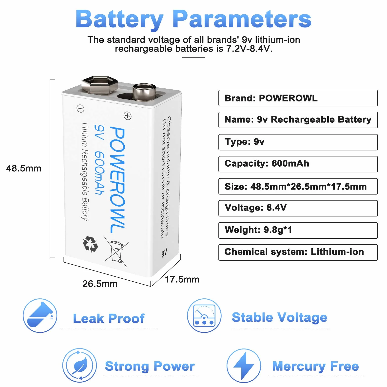 Akumulator 9 V z ładowarką, akumulatory POWEROWL 600 mAh 9 V do mikrofonu, czujnika dymu i innych urządzeń (niski poziom samorozładowania - 4 sztuki)