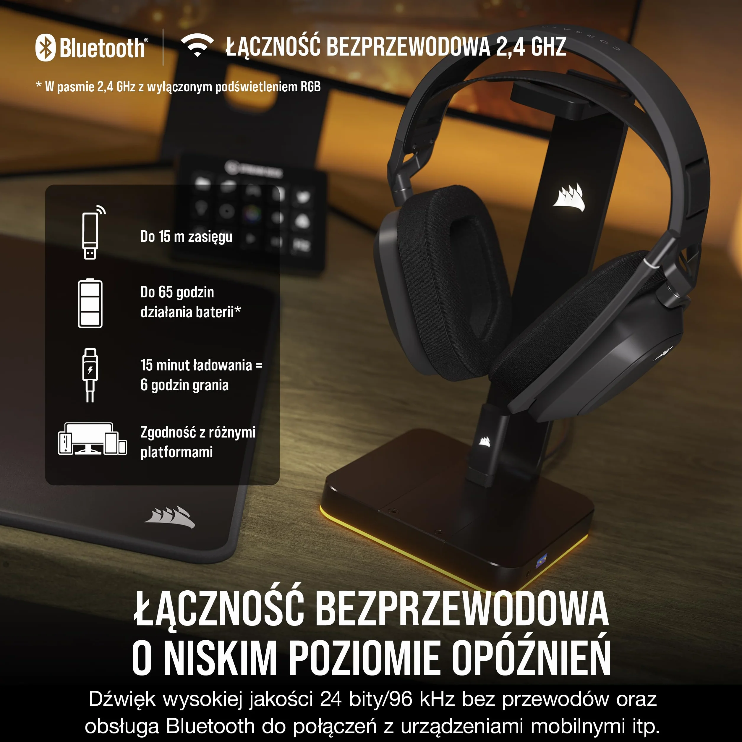 CORSAIR HS80 MAX WIRELESS Wieloplatformowy Zestaw Słuchawkowy do Gier z Bluetooth - Dolby Atmos - Mikrofon o Jakości Transmisji - Kompatybilny z iCUE - PC, Mac, PS5, PS4, Mobile - Stalowo-Szary