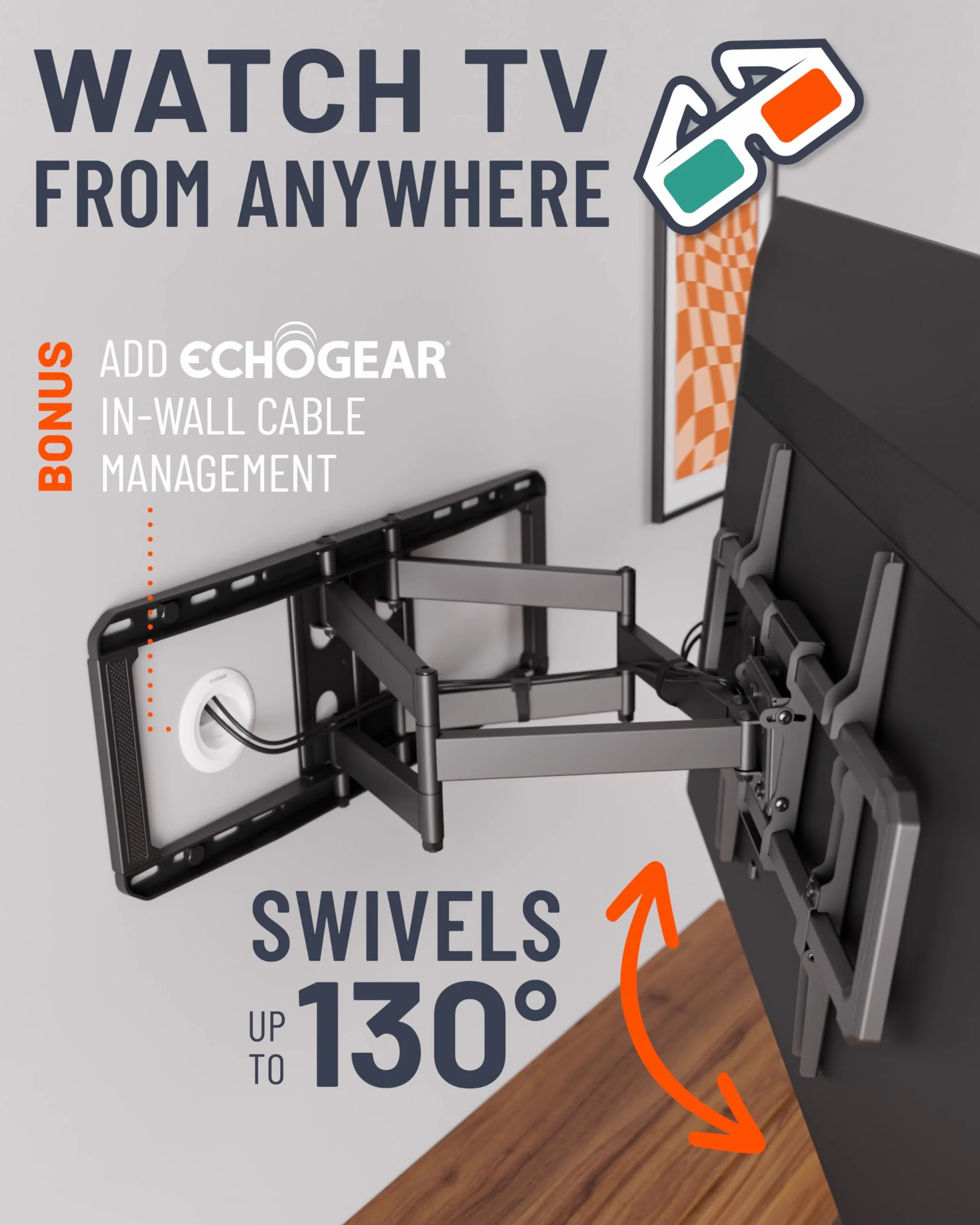 ECHOGEAR Uchwyt ścienny do telewizorów o przekątnej ekranu 42"-86" – łatwy montaż na 16", 18" lub 24" i posiada gładkie elementy, obracanie, pochylenie – EGLF2