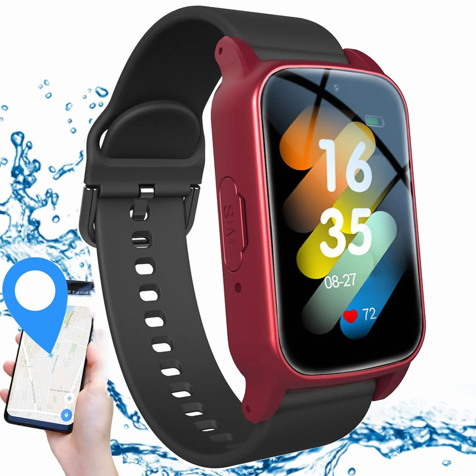 Smartwatch z funkcją wykrywania upadków dla seniorów, inteligentny zegarek z alarmem dla osób starszych i przyciskiem alarmowym SOS, monitor aktywności fizycznej, wykrywanie upadków,Red
