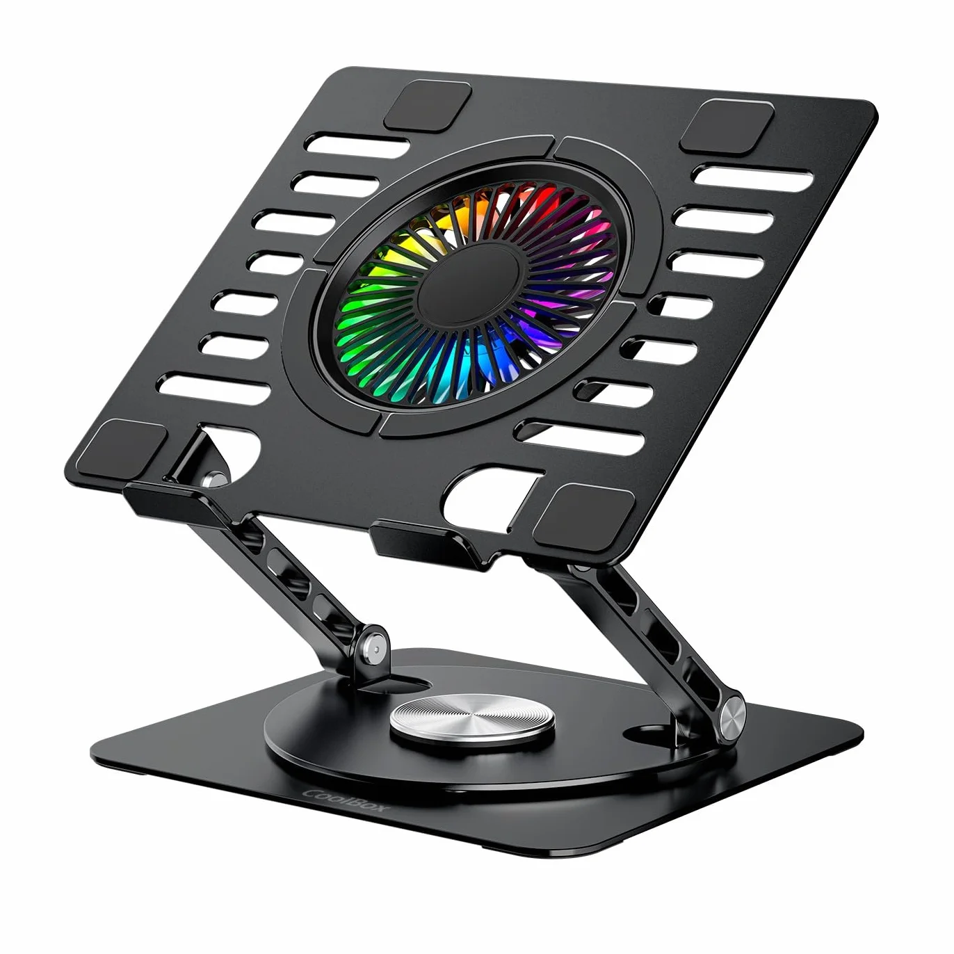 CoolAir przenośny stojak z cichym wentylatorem RGB 11 cm, podstawa z regulacją wysokości i obrotu o 360°, przenośna lodówka z regulowaną prędkością, tablety/notebooki do 17,3", aluminium, czarny