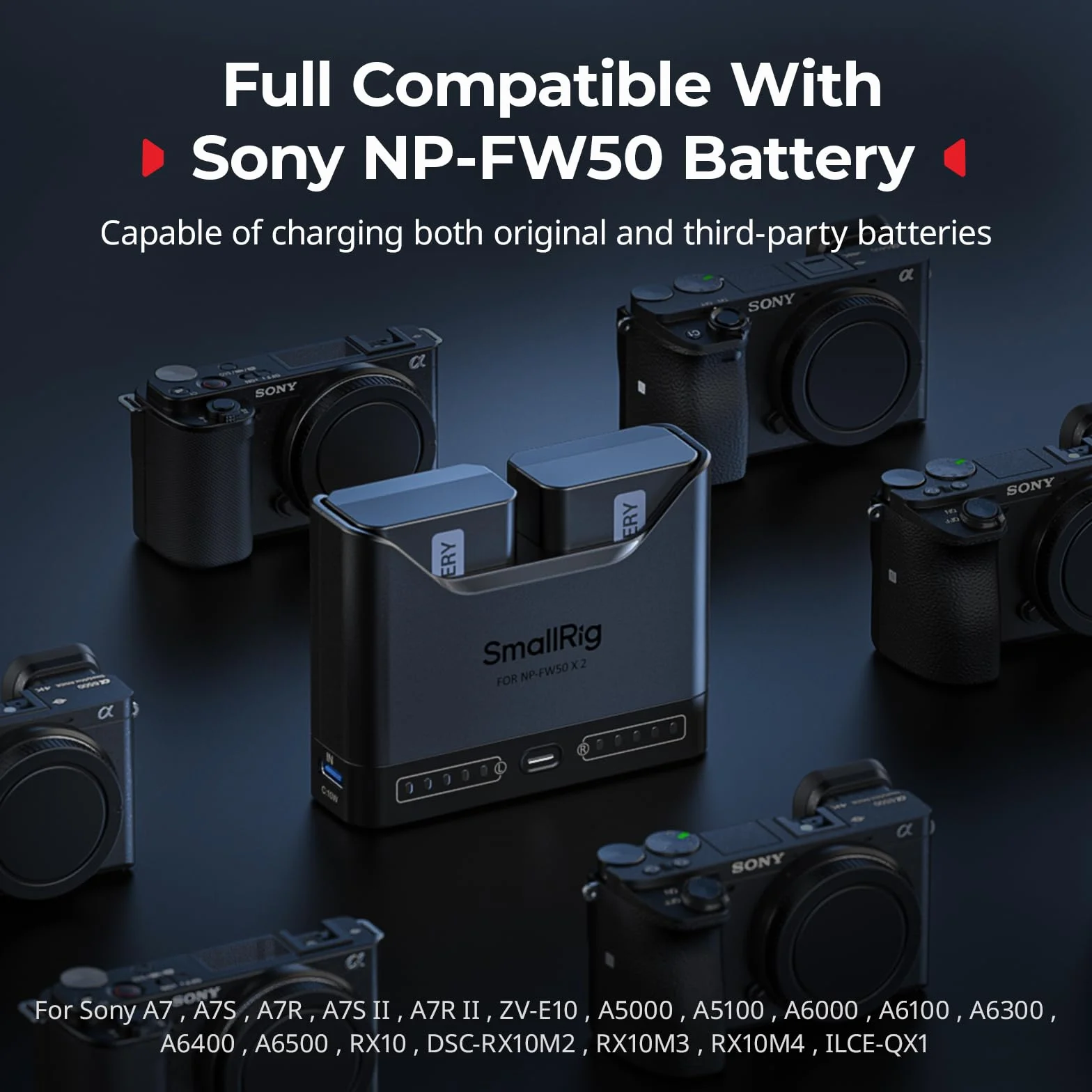 SMALLRIG Ładowarka akumulatorów NP-FW50 do Sony, 2-godzinna ładowarka z dwoma gniazdami i portem USB-C 11 W, w pełni kompatybilna z modelami A6000 A6100 A6300 A6400 ZV-E10 A7 A7S A7R A7SII A7RII -5493