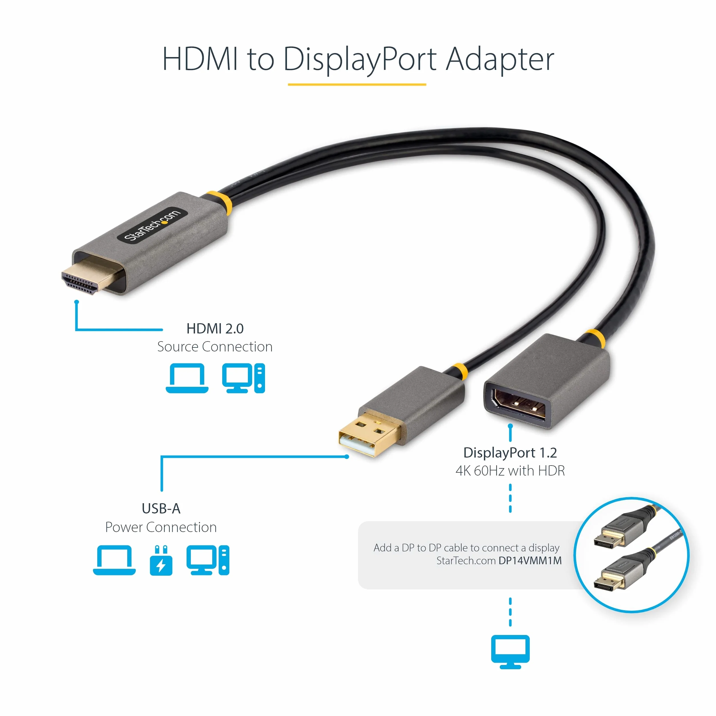 StarTech adapter/kabel HDMI na DisplayPort, aktywny konwerter HDMI 2.0 na DP 1.2, HDR, zasilanie magistralą USB, źródło HDMI do DisplayPort monitora do laptopów/PC (128-HDMI-DISPLAYPORT), szary