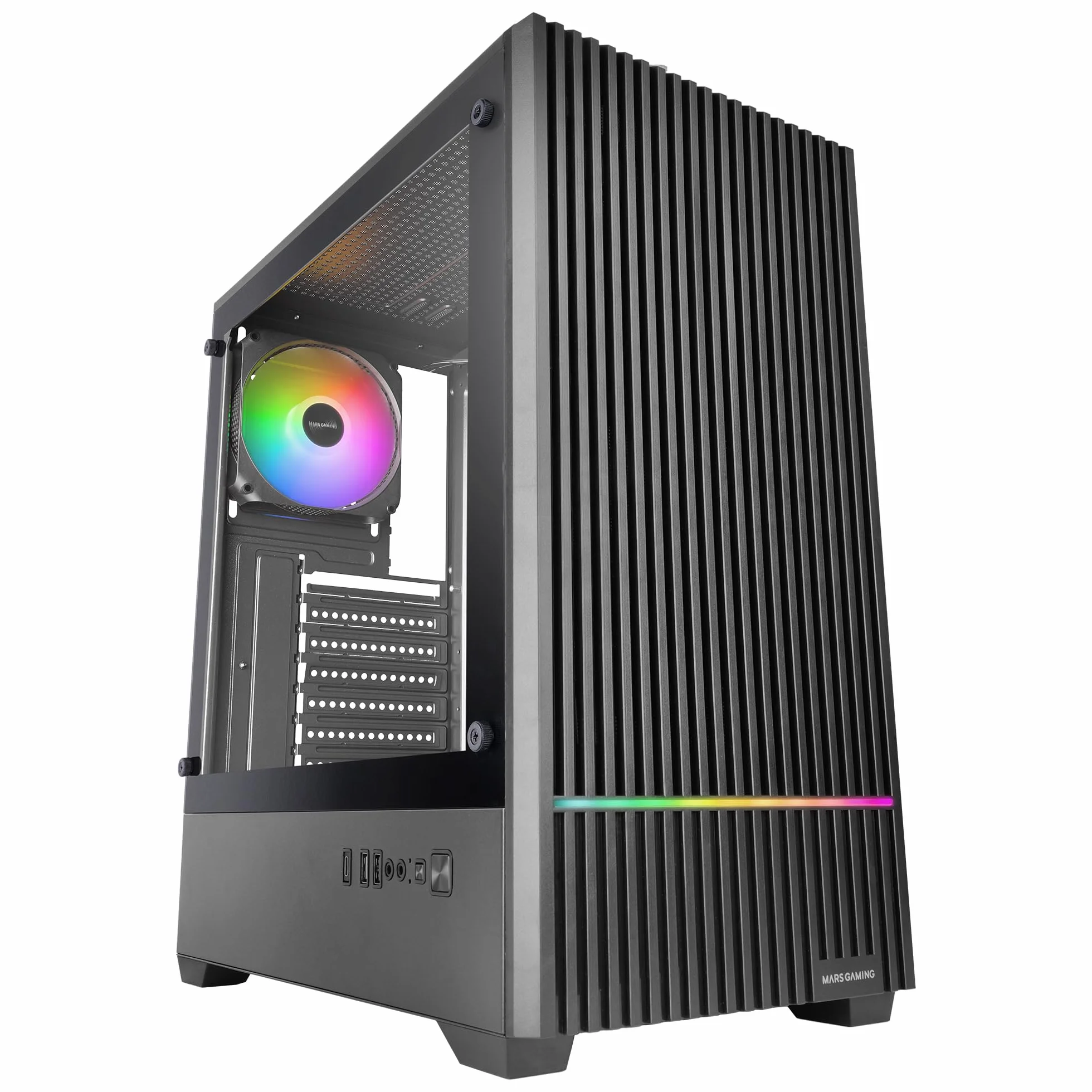 Mars Gaming MC-QUANTUM, Obudowa PC Gaming ATX, Przedni Mesh z paskiem LED ARGB, Pełne boczne szkło hartowane, 4x wentylatory FDB 120mm, Wsparcie chłodzenia cieczą do 240mm, USB-C, Czarny