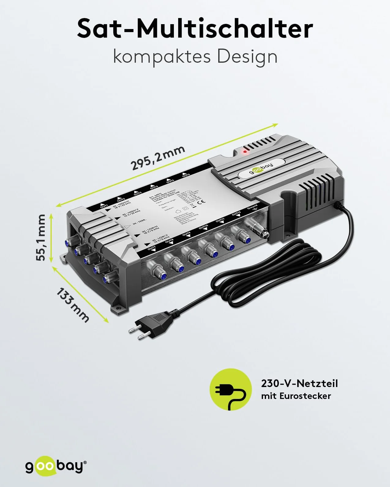 goobay 64875 Multiprzełącznik satelitarny/kompaktowy multiprzełącznik / 5 wejść / 12 wyjść / 4K, 8K UHD/DAB+ / dla 12 użytkowników