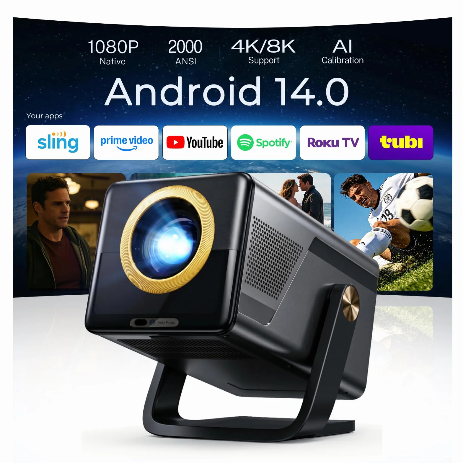 2000 ANSI Native 1080P Smart Projector, 4K Supported, Android 14 Projector Mini Projector with WiFi & Bluetooth, Auto Focus, Keystone, projektor domowy kino 4K do sypialni i na zewnątrz X7