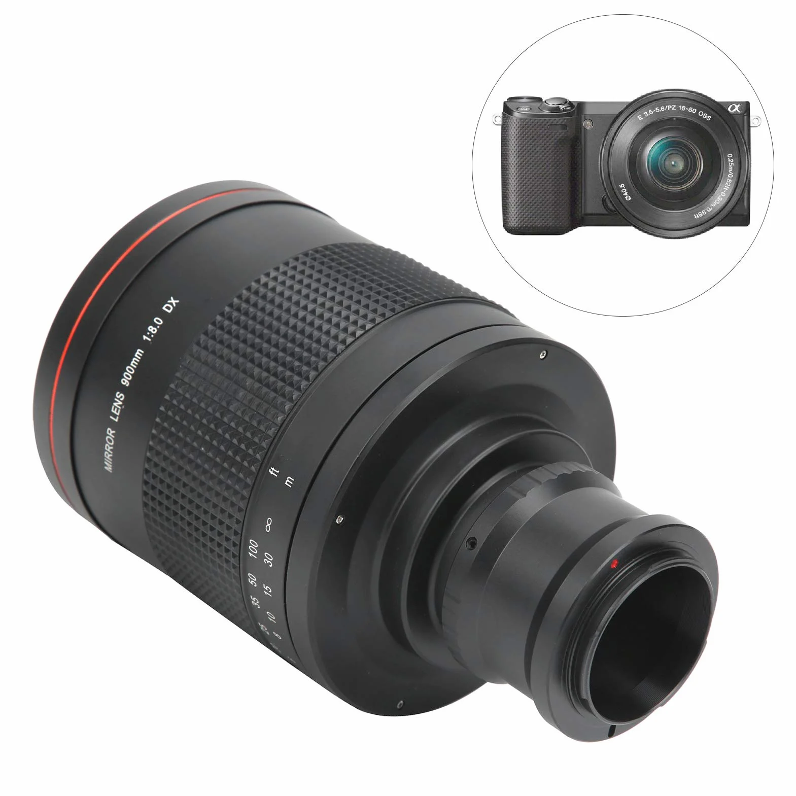 Teleobiektyw lustrzany, 900 mm F8.0 Ręczne ustawianie ostrości Teleobiektyw zmiennoogniskowy z pierścieniem adaptera do bezlusterkowego aparatu dla Sony NEX, do obserwacji ptaków krajobrazu