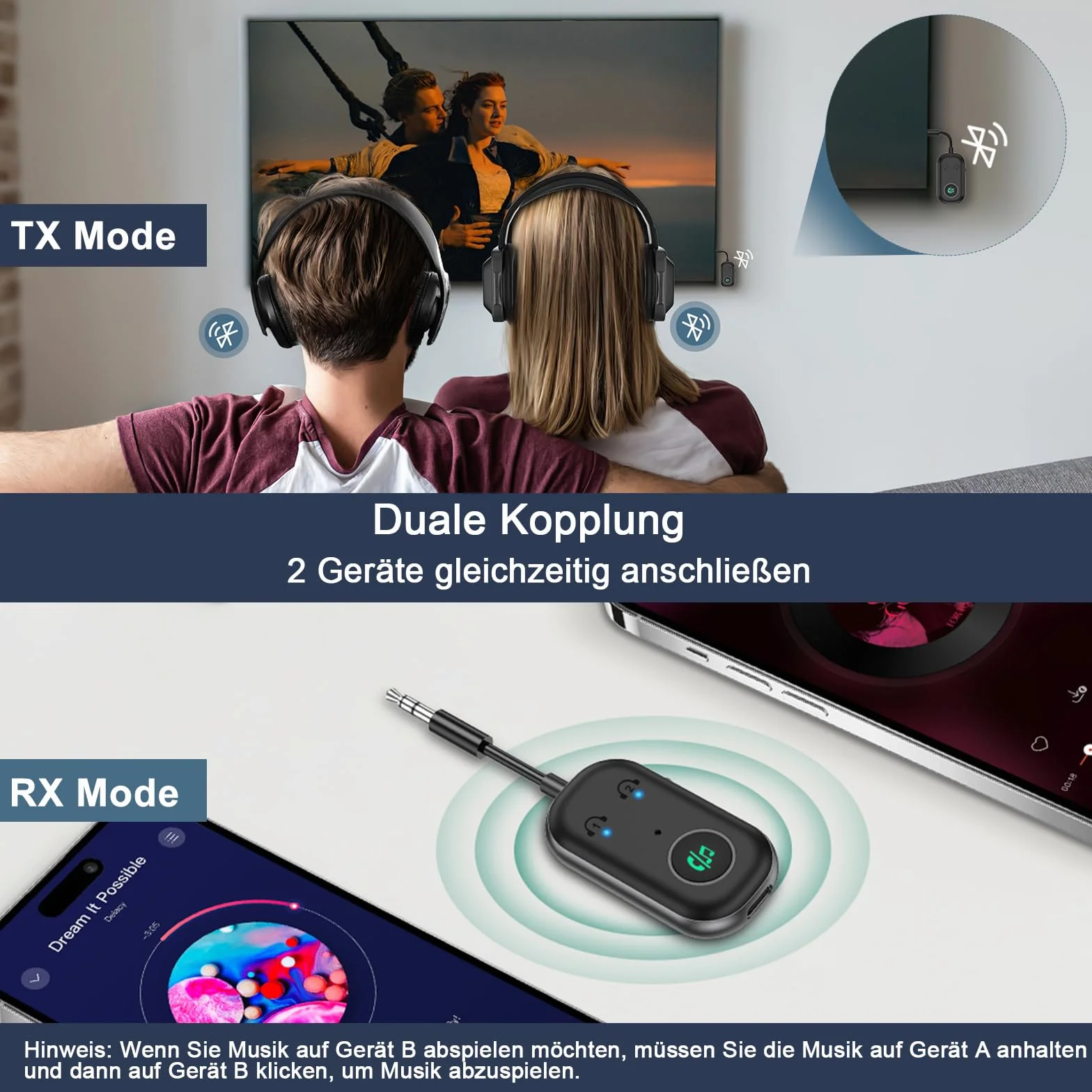 Adapter Bluetooth 5.3 nadajnik i nadajnik do samolotu, adapter 2 w 1Bluetooth z samolotem, telewizorem, rozdzielaczem stereo, do słuchawek MP3 / MP4, głośników HiFi, laptopa, telewizora
