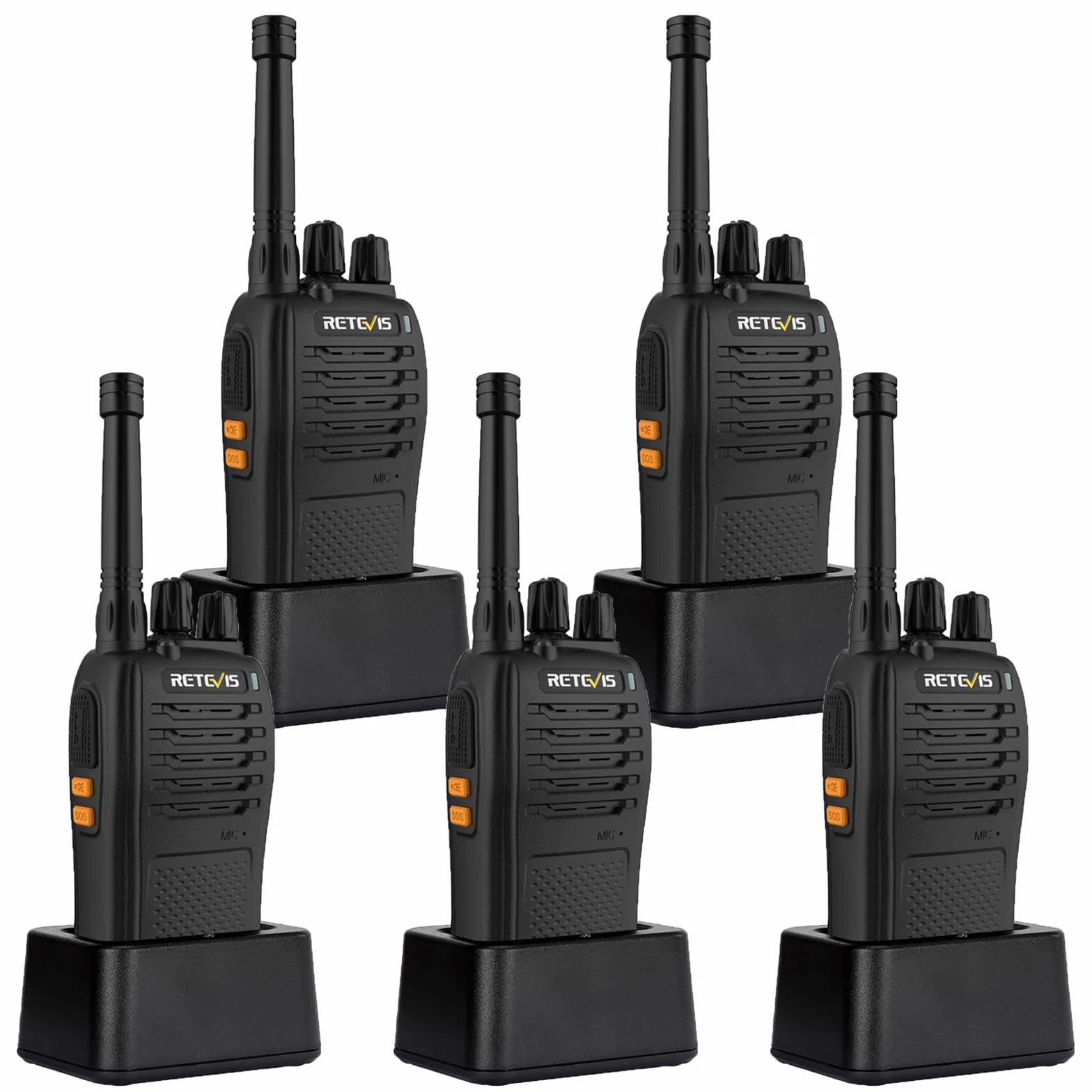 Retevis RB668 Walkie Talkie, Profesjonalne Krótkofalówka Akumulatorem 1200 mAh, Alarm Awaryjny PMR446, Blokada Szumów Latarki LED, Walkie-Talkie bez Użycia Rąk dla Dorosłych (Czarny, 5 Szt.)