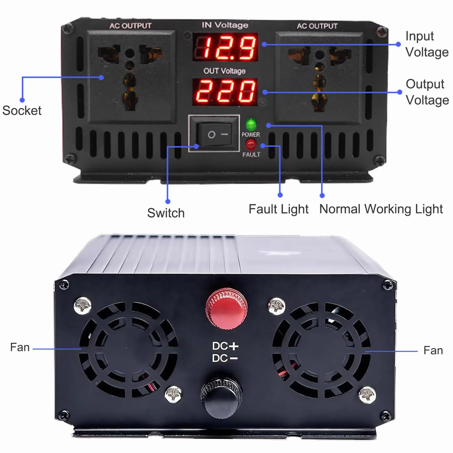 Przetwornica samochodowa 5000 W czysta fala sinusoidalna DC 12 V/24 V/48 V/72 V do AC 110 V/220 V z 2 gniazdami AC do kamperów/ciężarówek/łodzi/kempingu,72V to 220V