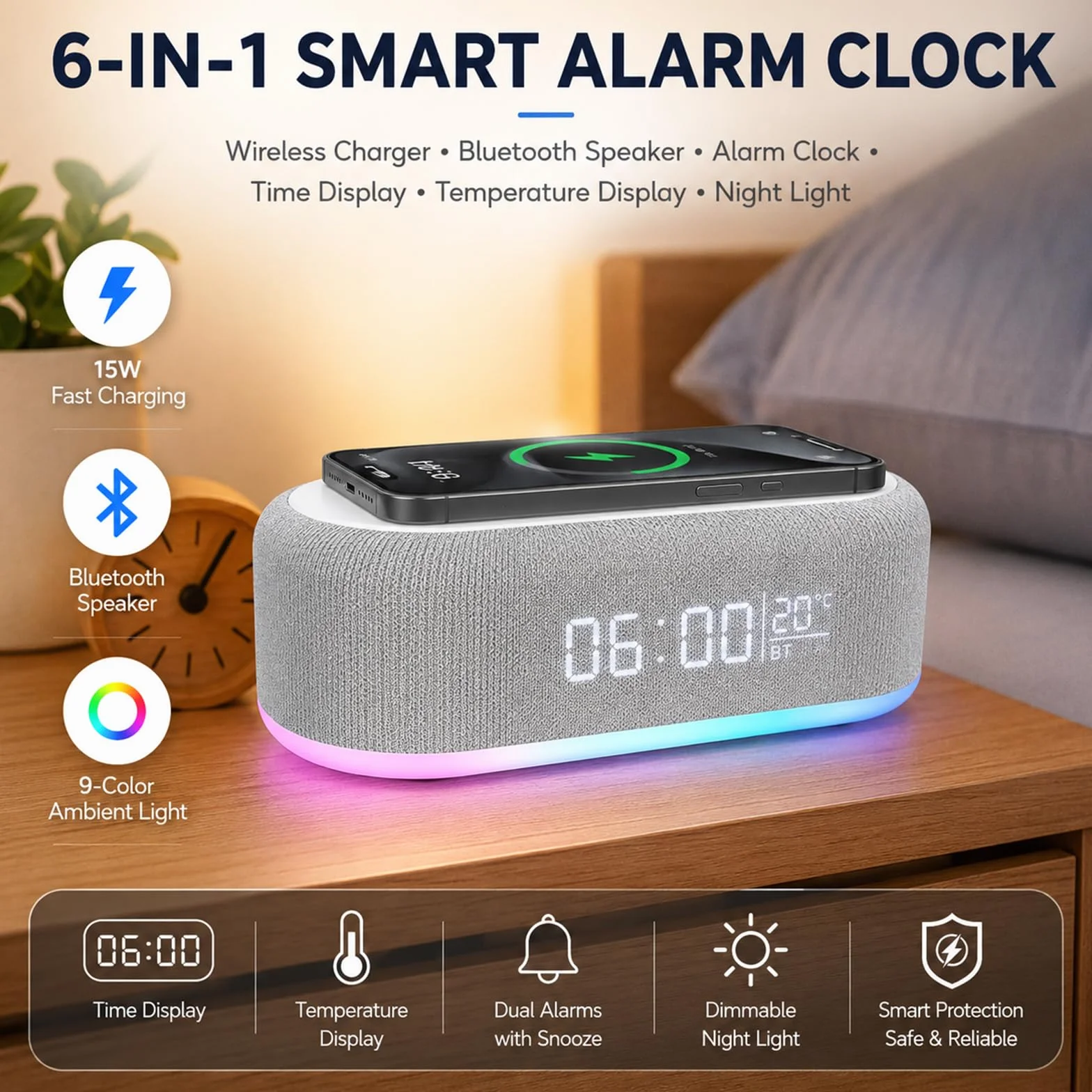 BYZESTY Radiobudzik Bluetooth z ładowaniem bezprzewodowym 15W, budzik radiowy cyfrowy, budzik audio Bluetooth cyfrowy 6 w 1 z światłem nocnym i zegarem, ładowarka USB do nocnego stoliku i biurka