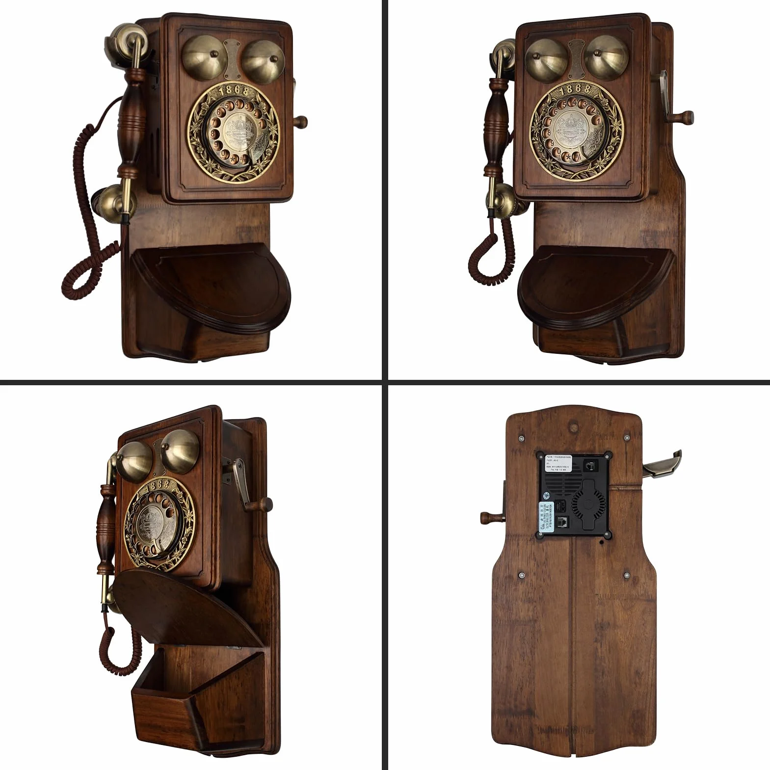 Telefon stacjonarny retro, Telefon stacjonarny ścienny z tarczą obrotową, stop drewna, 46x22x12cm