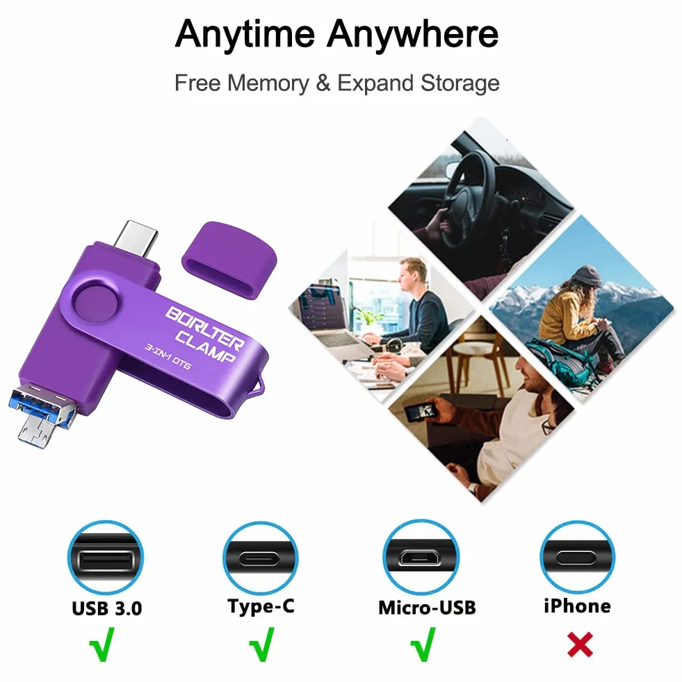BorlterClamp OTG USB 3.0 Stick 3 w 1 do telefonów Android, Samsunga Galaxy, laptopów i innych (fioletowy)