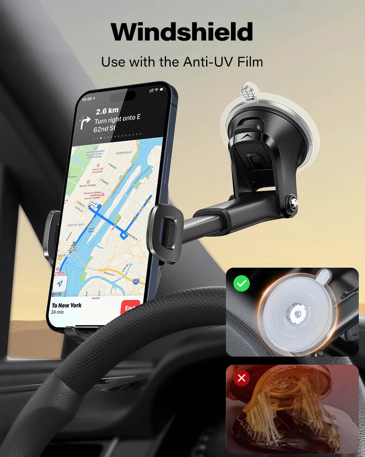 APPS2Car Uchwyt na telefon z przyssawką, przednia szyba, deska rozdzielcza, okno, uniwersalna deska rozdzielcza i przednia szyba, uchwyt samochodowy na telefon z mocną lepką podkładką żelową,