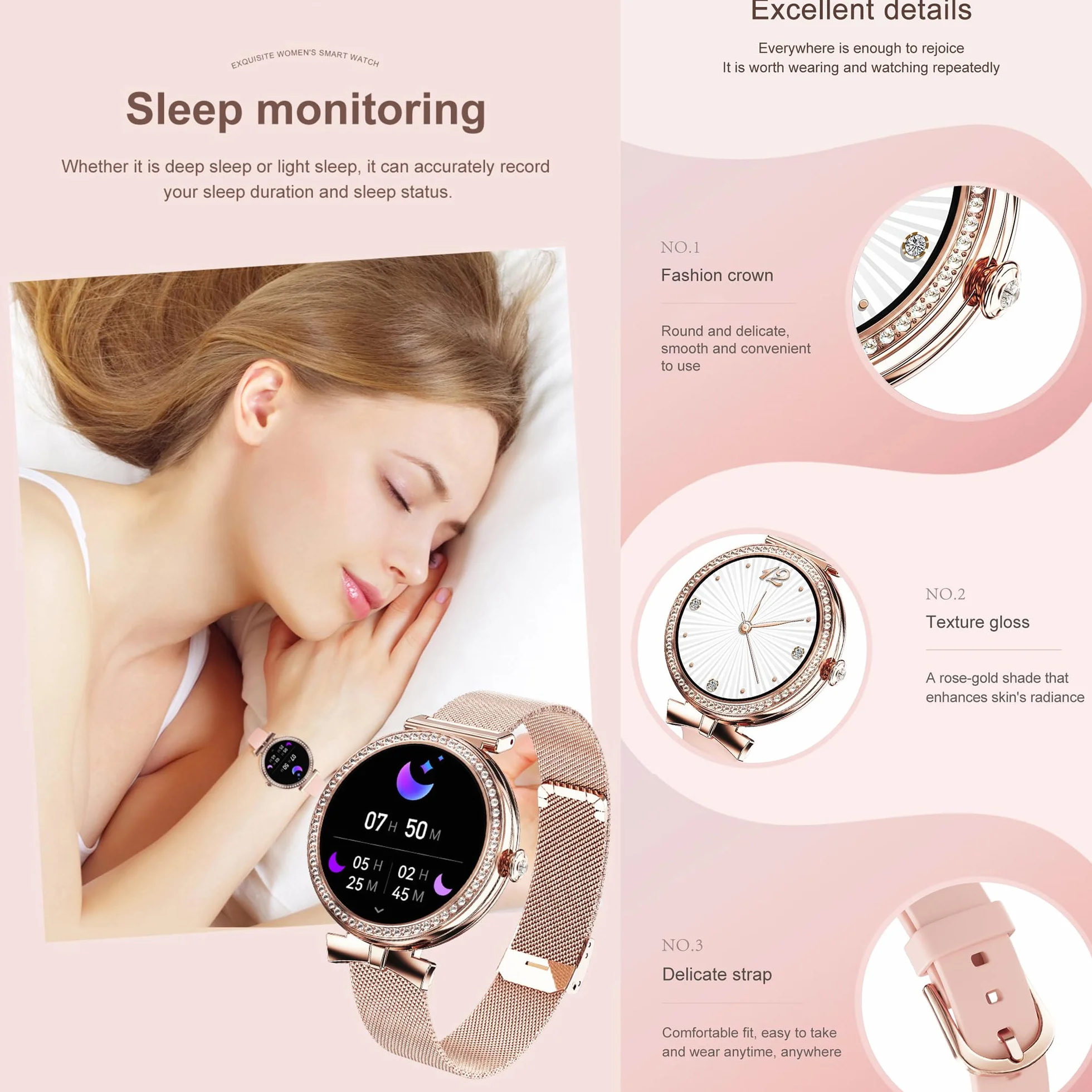 Smartwatche Kobiety z Funkcje Telefonu Bluetooth, Sportowy Diamanti Smart Watch 1,2 AMOLED ze 123 Sportowymi, Odtwarzaczem Muzycznym, Pomiarem Tętna, Wodoodpornością IP68 dla Android iOS (Złoto)