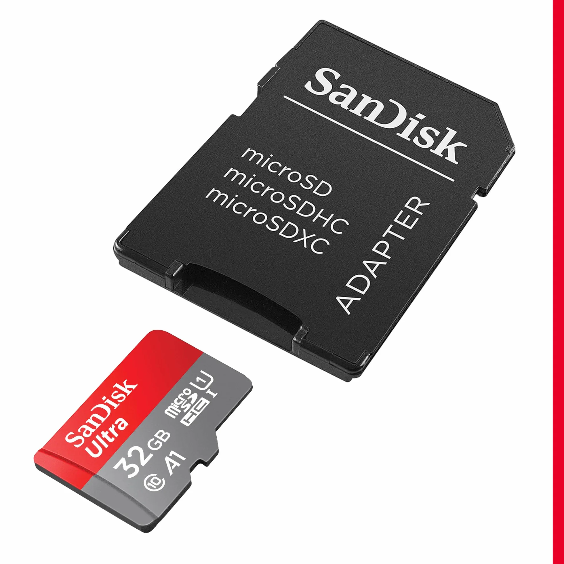 SanDisk Ultra 32 GB microSDHC Memory Card + SD Adapter with A1 App Performance Up to 120 MB/s, Class 10, U1, SDSQUA4-032G-GN6MA, Red/Grey