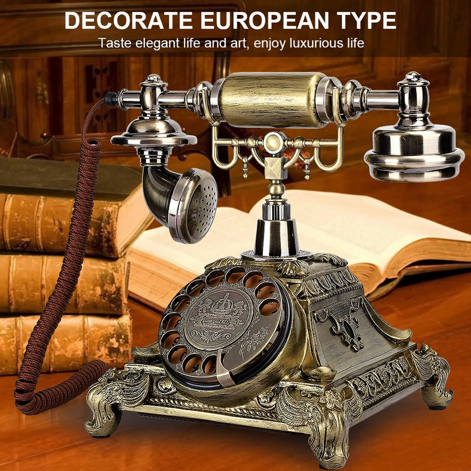 Przewodowy Telefon Stacjonarny - Staroświecki Zabytkowy z Antykami, Klasyczna Europejska Tarcza Obrotowa Retro do Wystroju Biura Domowego