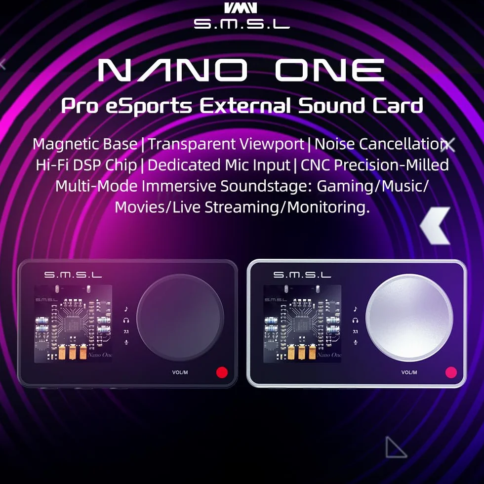 SMSL Nano ONE, zewnętrzna karta dźwiękowa do gier mikrofon/wejście USB, wyjście słuchawkowe 3,5 mm cztery tryby: muzyka/gra/7.1 Virtual/Voice Enhancement łączy się z telefonami/tabletami/komputerami