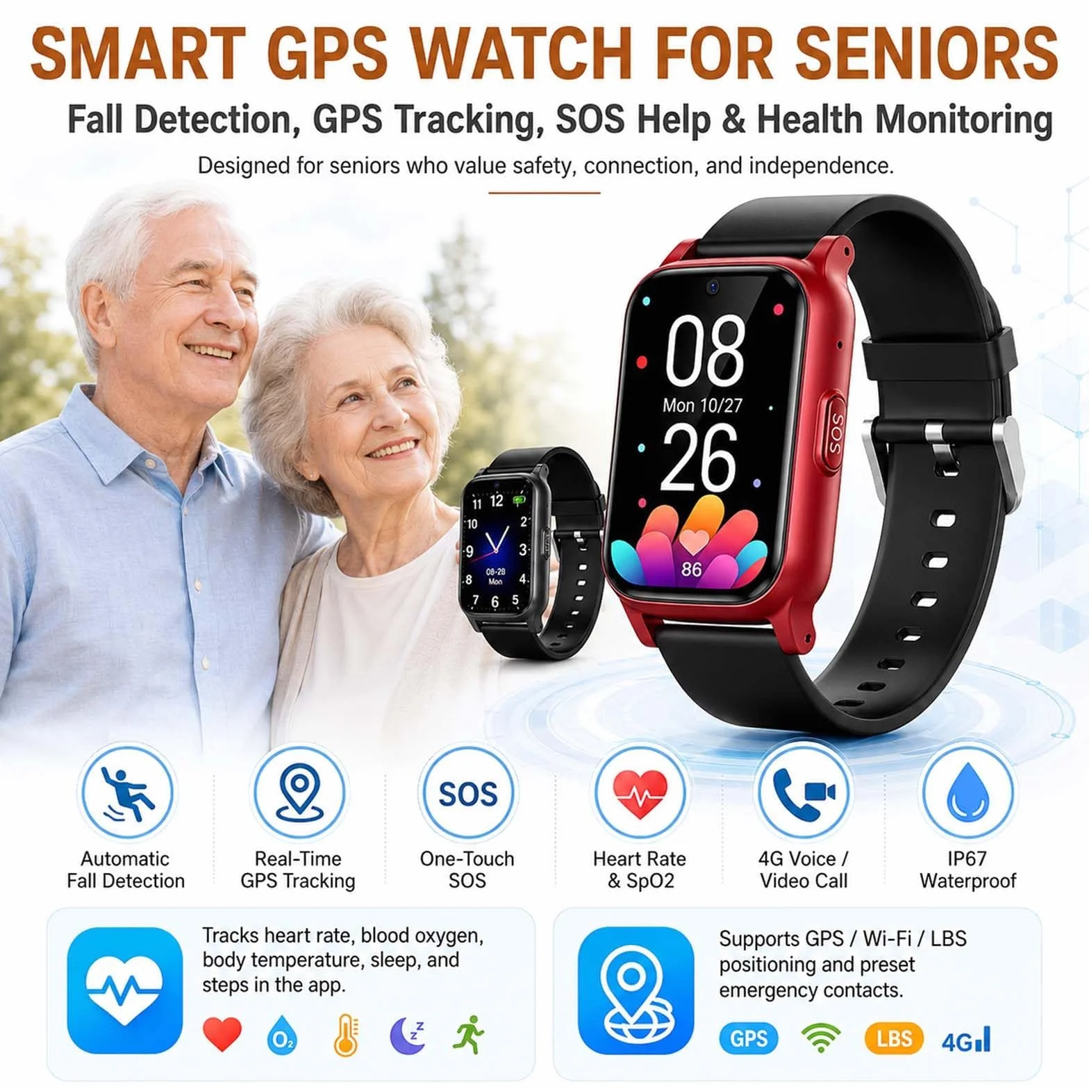 Inteligentny zegarek GPS z automatycznym wykrywaniem upadku dla seniorów, alarm alarmowy SOS z lokalizacją GPS, zegarek dla osób starszych 4G z połączeniami dwukierunkowymi, wodoodporność IP67