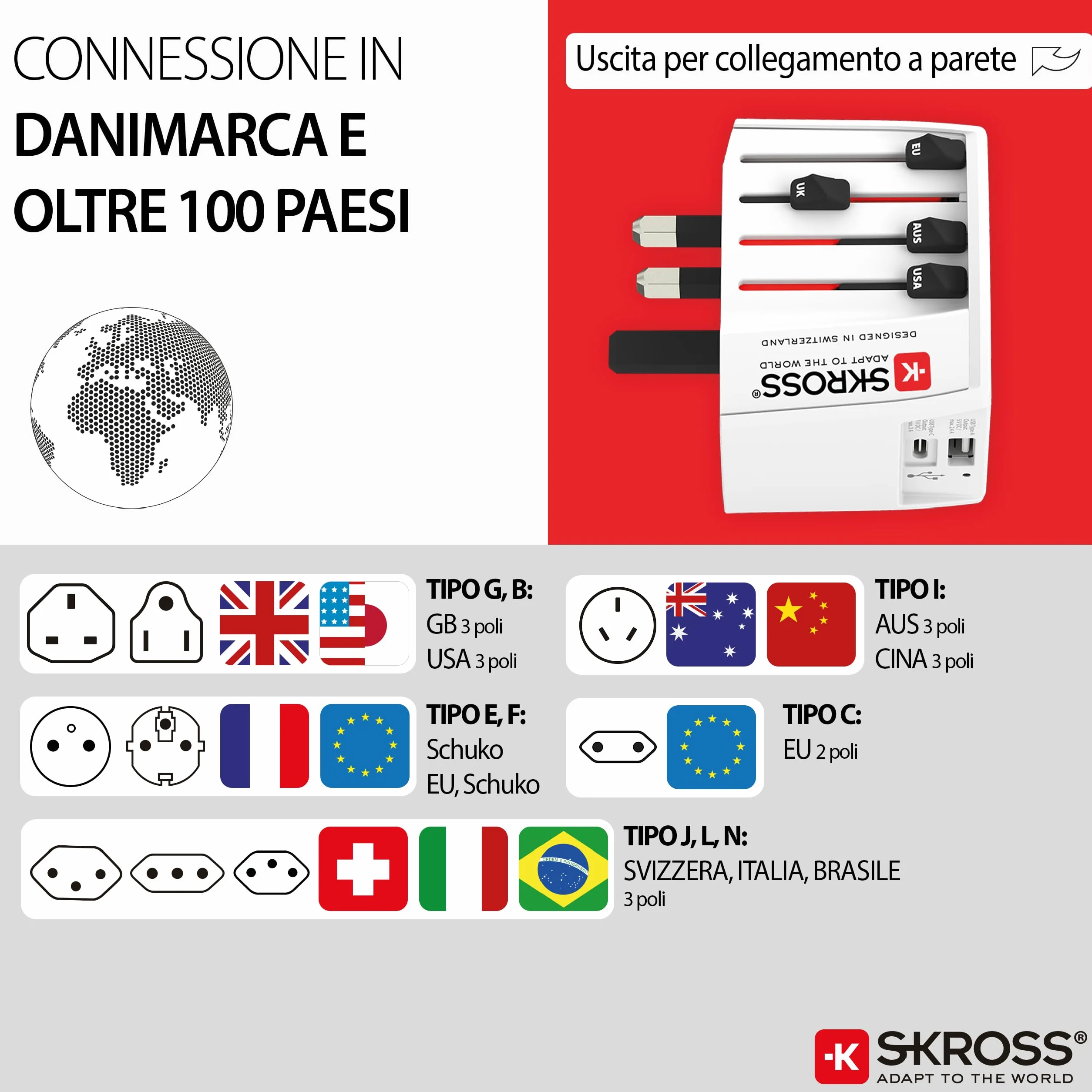 SKROSS | 1.302962 | MUV USB (AC) | Universele 2-pins reisadapter met 2 USB. Spanning en vermogen: 100V - 250W / 250V - 625W - 1 x USB C: 3,0A, 1 x USB A: 2,4A. Bescherming tegen elektrische schokken