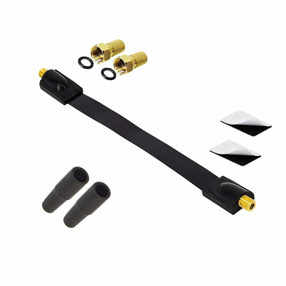 Premium X Przepust okienny satelitarny, 2 x wtyk F, 2 x gumowe tulejki, płaski kabel DVB-C DVB-T ekstra płaski 26 cm, czarny, 2 x podkładki samoprzylepne