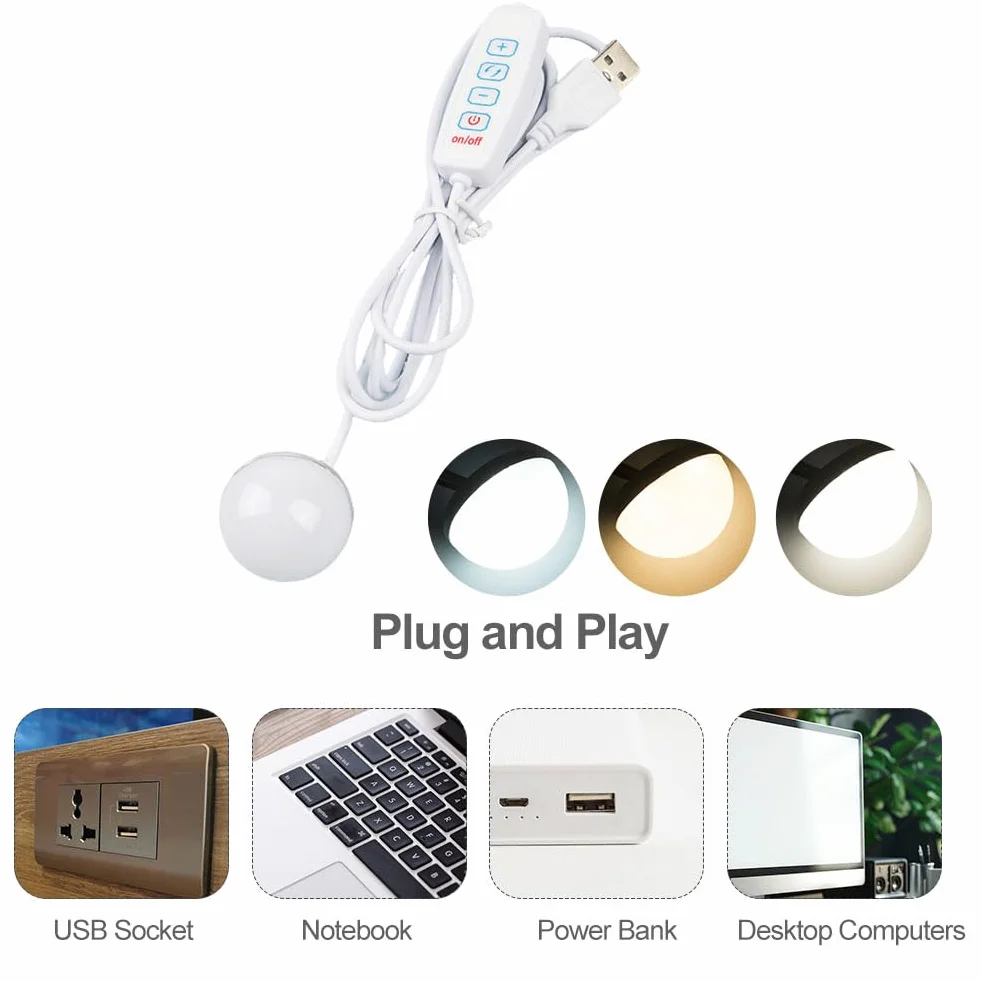 Mini Lampa Magnetyczna USB 3W 5V LED Lampka Nocna z Przełącznikiem, 3 Tryby Temperatury Barwowej