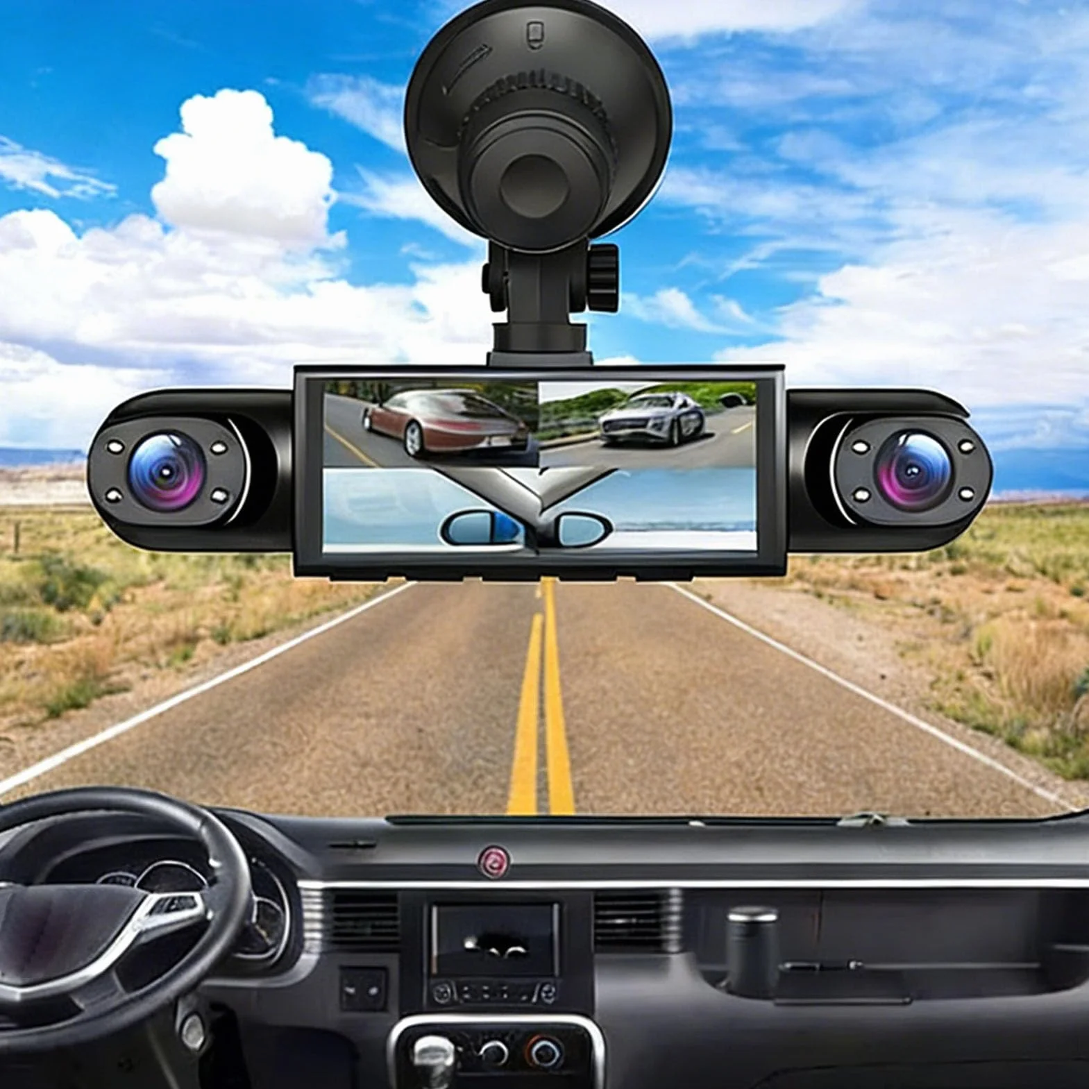 banapoy 1080P 4-kanałowy Rejestrator Jazdy Przód tył Lewo Prawo, z Zapętlonym Nagrywaniem, 3,16-calowy Ekran, Noktowizja, Max 128 GB, Obsługuje aplikację mobilną Przez WiFi