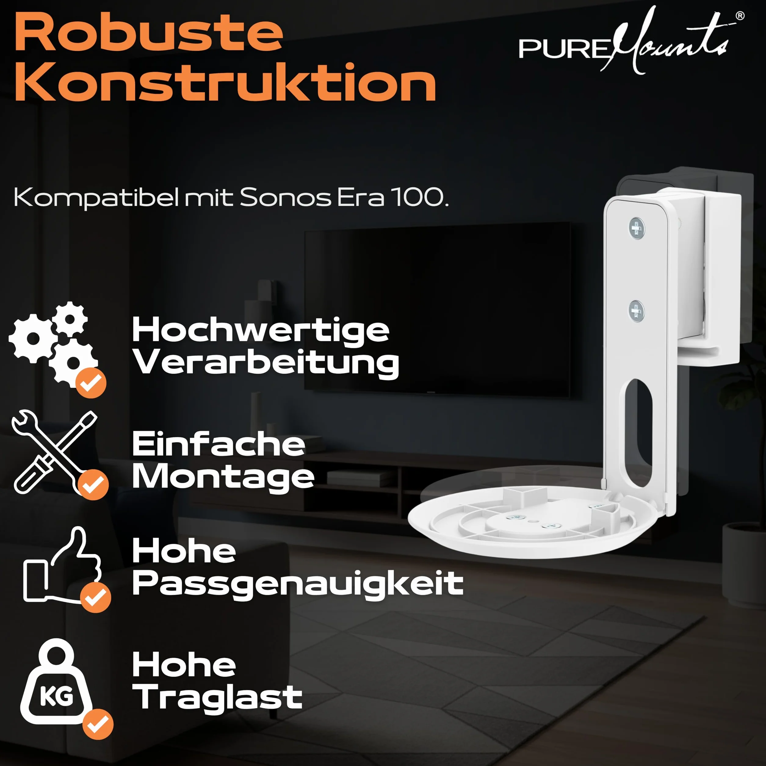 PureMounts Uchwyt ścienny do Sonos Era 100, wychylny +/-45°, nachylenie 0/-18°, udźwig 3 kg, biały