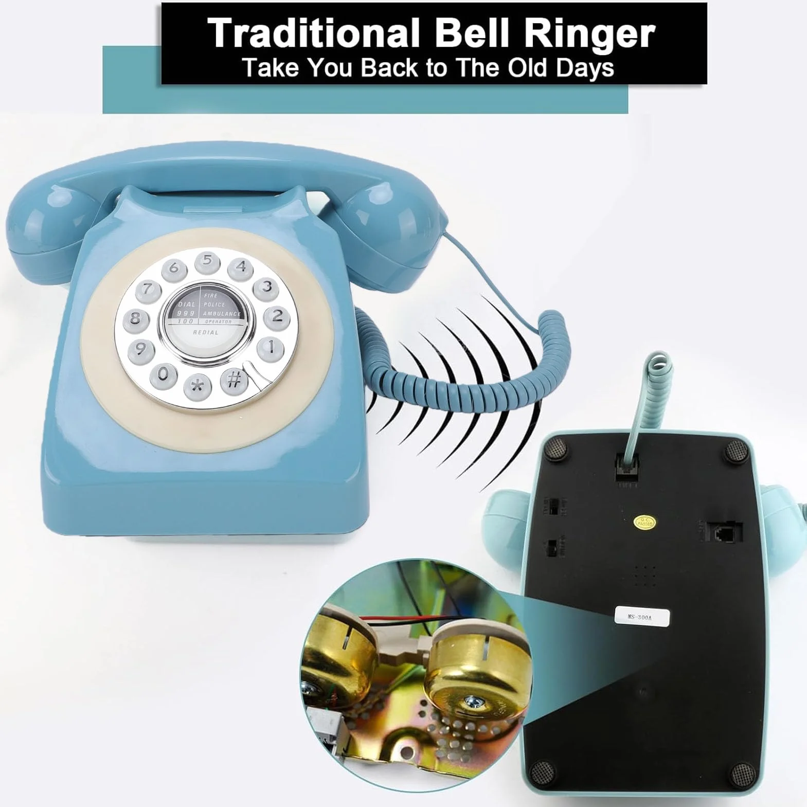 Bewinner Vintage Przewodowy Telefon Stacjonarny z Przyciskami Ponownego Wybierania, Złącze RJ11 Klasyczny Telefon Domowy w Stylu Retro, Nie Wymaga Zewnętrznego Zasilania do Domowego Biura (BLUE)