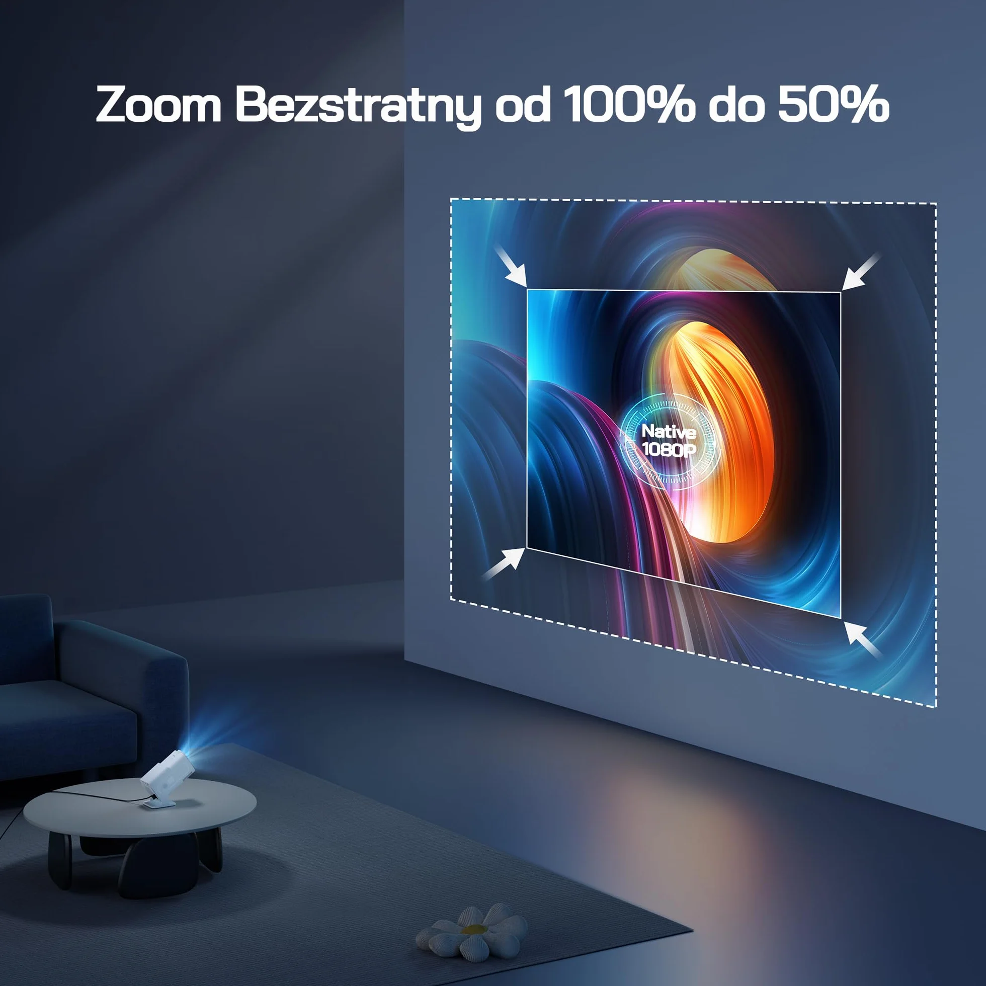 WOLFANG WP03 Mini Projektor 1080P z Aplikacją na Androida, Przenośny Projektor z WiFi i Bluetooth do Kina Domowego, Korekcja Trapezowa Czterech Narożników, Obrotowy o 180° Zewnętrzny Projektor Filmowy