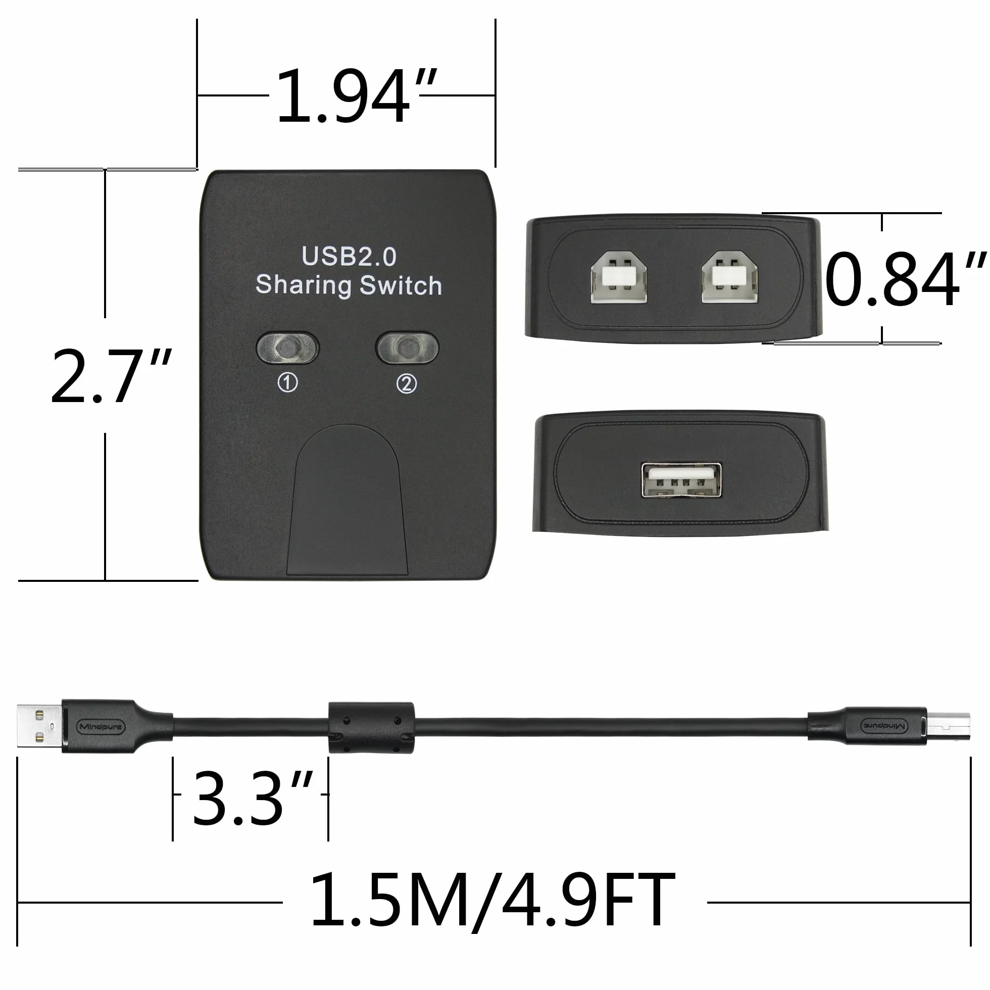 USB 2.0 Printer Sharer Switch, adapter 2 w 1 Wyjście 2 urządzenia współdzielą 1 drukarkę i skaner z ręcznym przełącznikiem i światłem LED (w zestawie 2szt. 4,9FT kable drukarki USB)