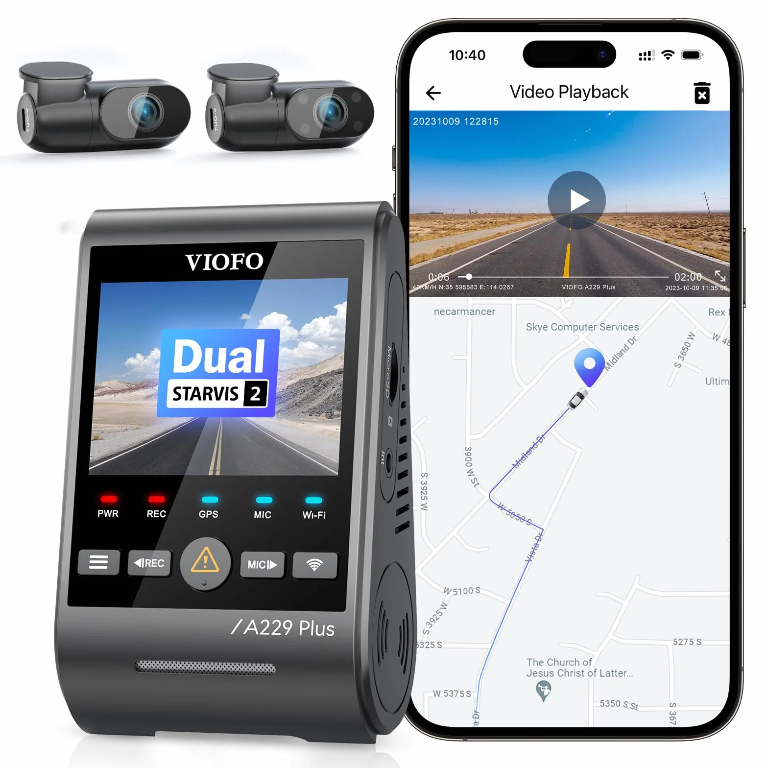 VIOFO A229 Plus 3 Lens 2K + 2K + 1080p, Dual STARVIS 2, HDR kamera samochodowa z przodu z tyłu, sterowanie głosem i 5 GHz Wi-Fi kamera samochodowa, ultraprecyzyjny GPS, super widoczność w nocy 2.0