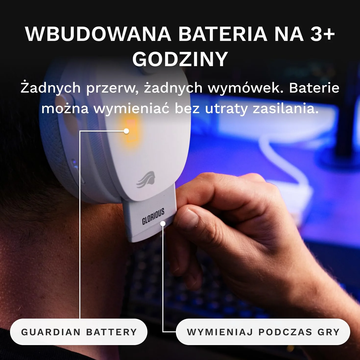 Glorious GHS Wireless InfinitePlay - Headset Gaming - PC, PS5, PS4 - Biały | Wymienne Baterie 85h, ON przy Wymianie, 2.4GHz i Bluetooth, Dostrojone Przetworniki, Odłączany Mikrofon z Redukcją Szumów