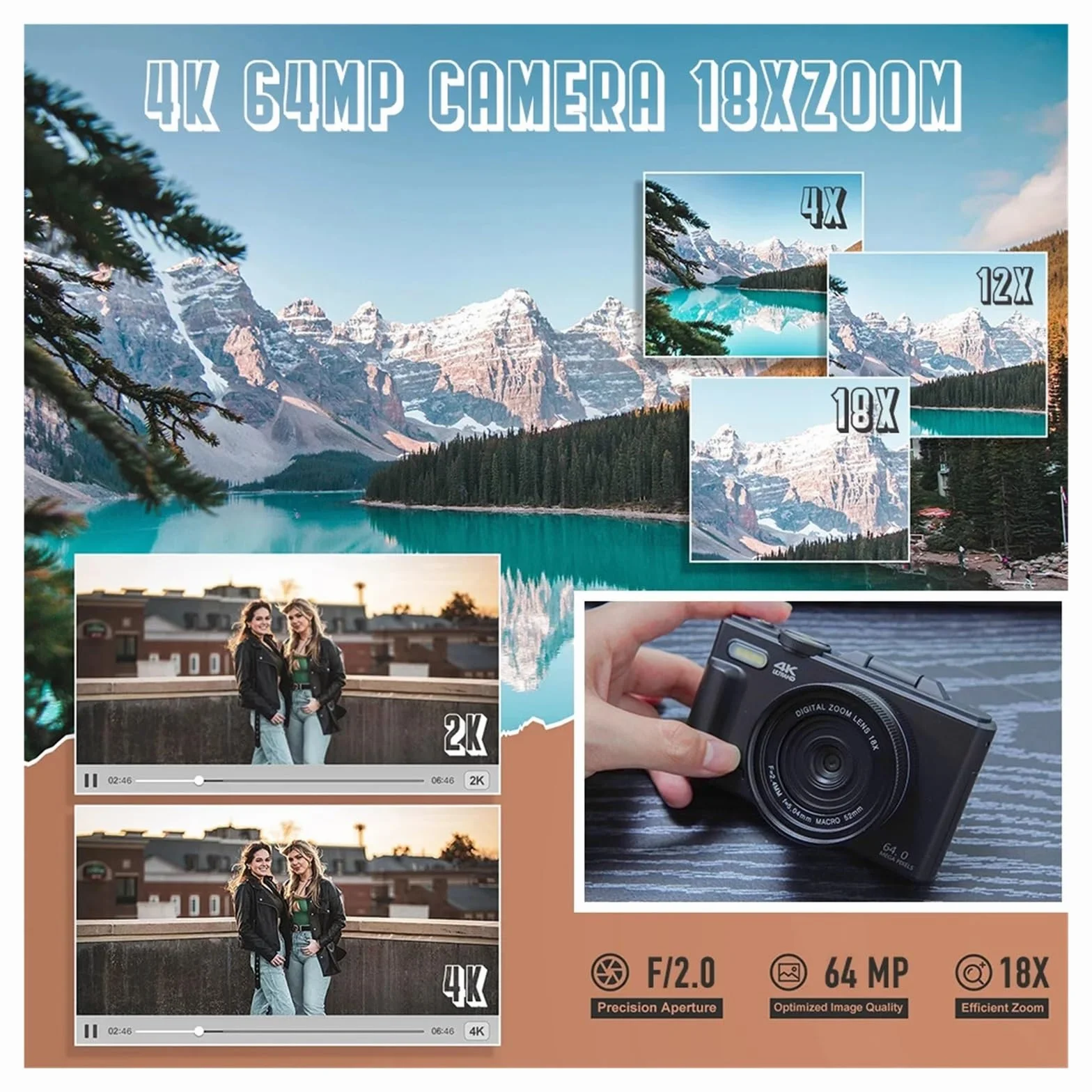 Aparat Cyfrowy 4K Do Fotografii I Z 18-krotnym Zoomem Cyfrowym Kompaktowa Kamera Vlogowania Odwracany Ekran O 180° Lampą Błyskową Z łatwością Uchwyć Wspaniałe Chwile(Black 128GB Card)