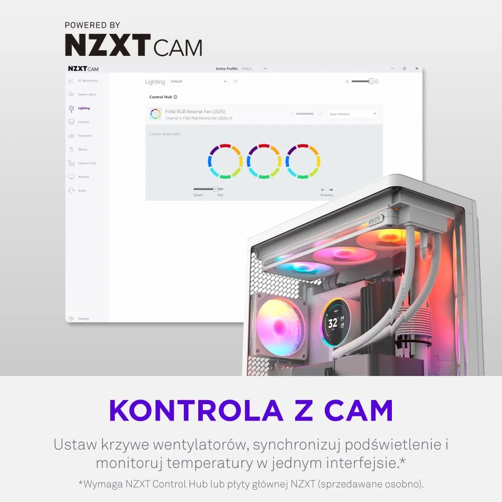 NZXT F360 RGB - Wentylator RGB PWM single-frame 360mm - Biały | Zestaw single-frame 360mm z trzema wentylatorami PWM RGB 120mm. Żywe RGB i łożyska hydrodynamiczne dla cichego chłodzenia.