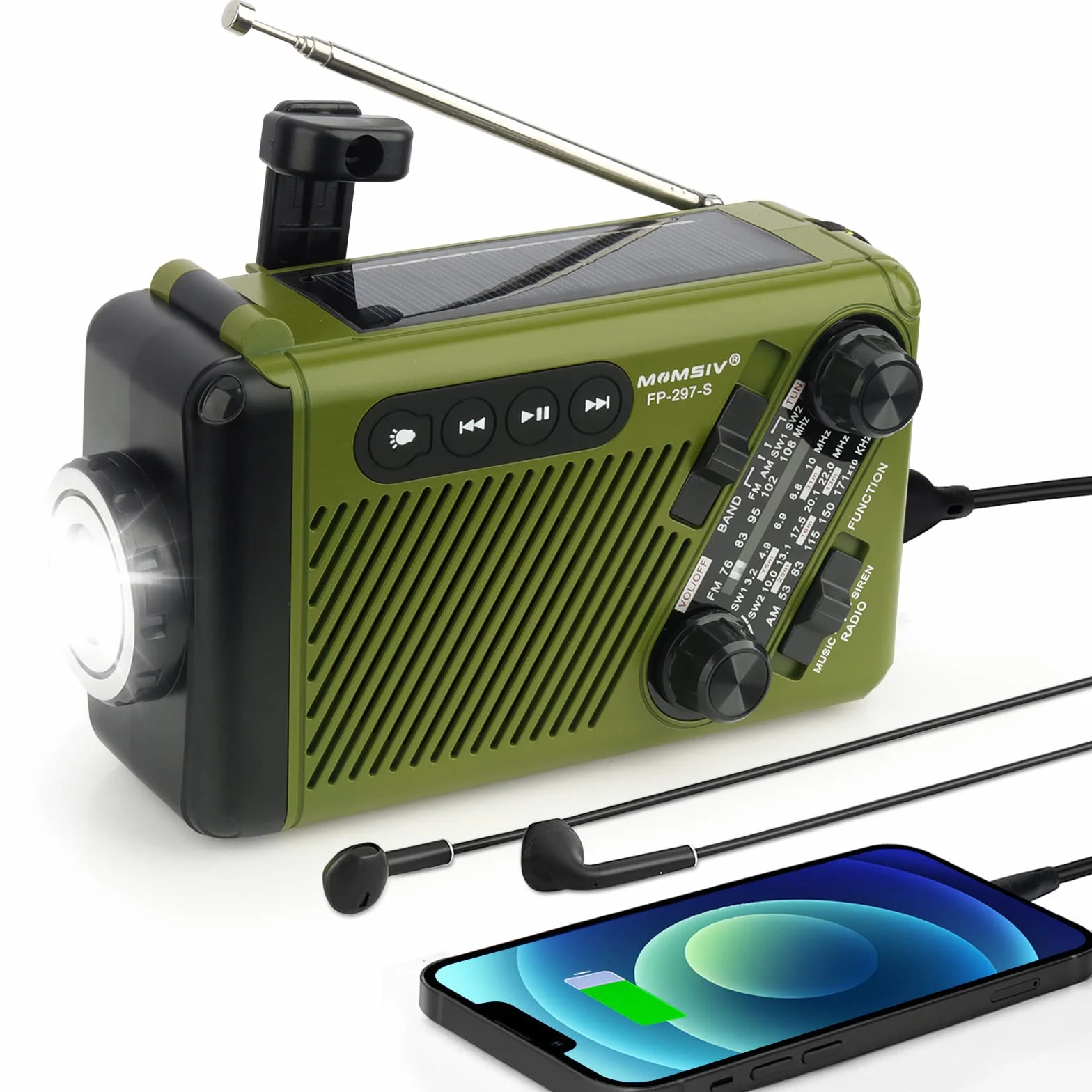 MOMSIV radio solarne, przenośne, dynamo, z korbą ręczną, radio awaryjne z AM/FM, akumulator 2500 mAh, Bluetooth, SOS, latarka LED, gniazdo na kartę TF do użytku na zewnątrz