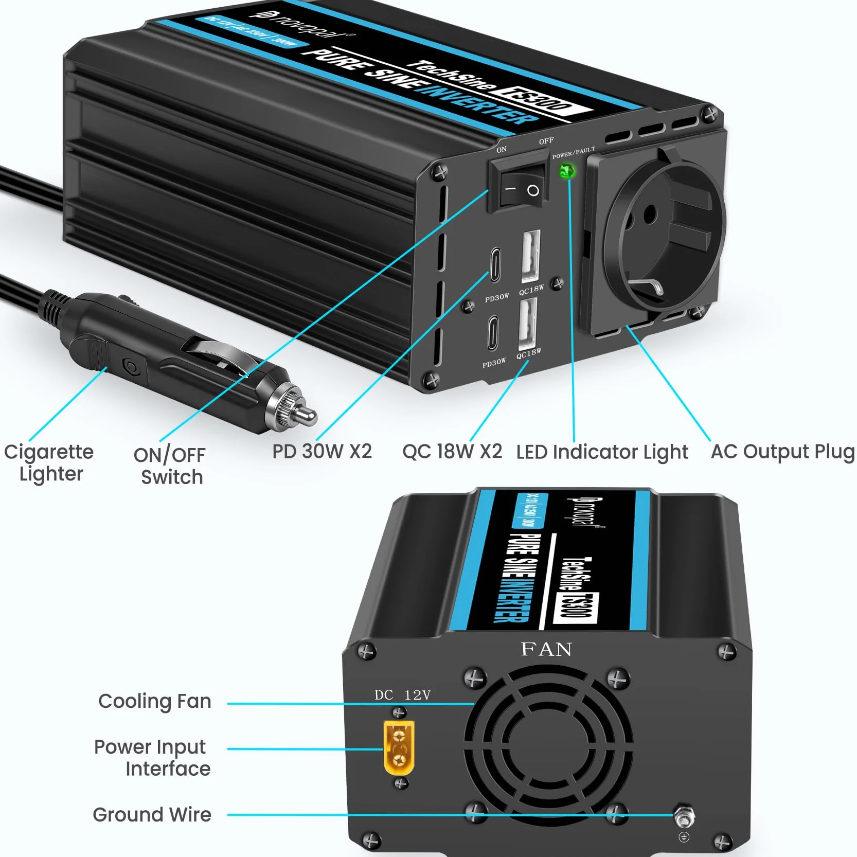 novopal Przetwornica napięcia 300 W, 12 V na 230 V, 1 gniazdo UE, 2 QC18W + 2 PD 30 W, moc szczytowa 600 W, falownik samochodowy, nadaje się do samochodów ciężarowych, na kemping, w podróży, do