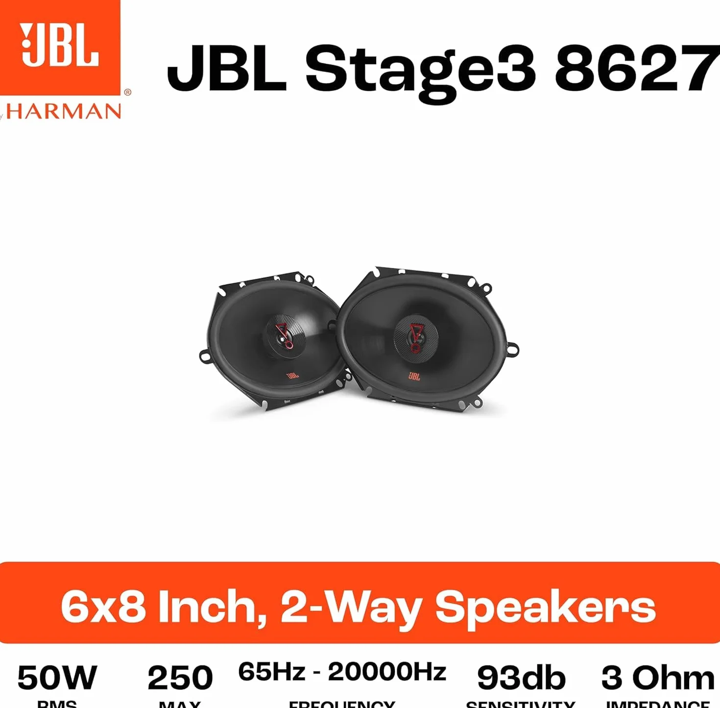 JBL Stage3 8627 2-drożny zestaw głośników samochodowych firmy Harman Kardon – 250 W owalne głośniki samochodowe – duże 15 x 20 cm, czarne