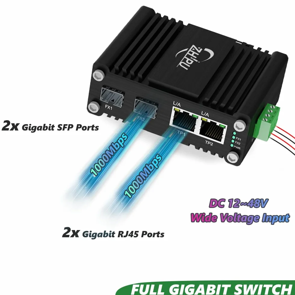 Mini przemysłowy 2-portowy przełącznik Ethernet z 2 gniazdami SFP, hartowany, gigabitowy przełącznik sieciowy obsługujący szynę DIN, wejście zasilania 12 ~ 48 VDC, od -40°C do 80°C, pogrubiona obudowa