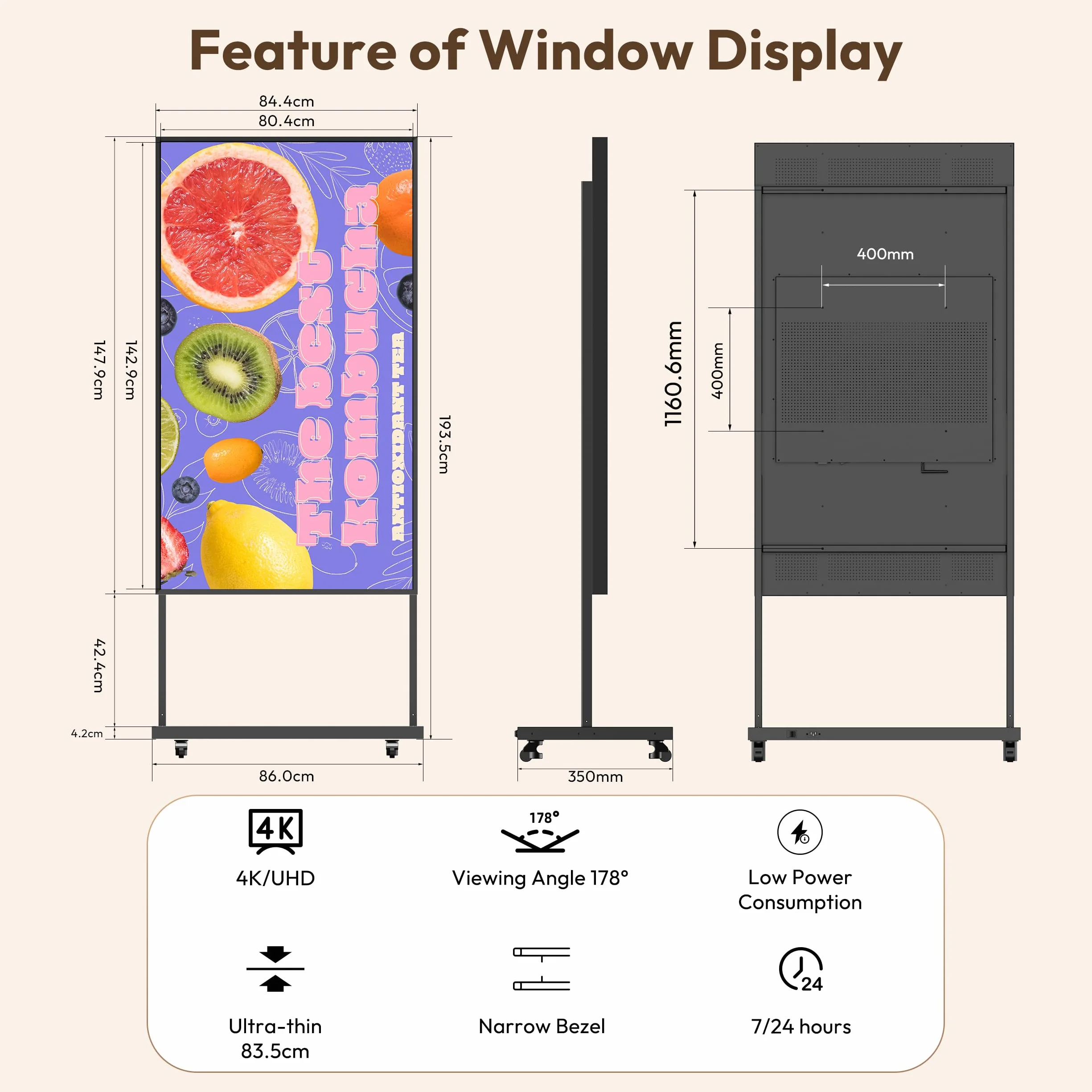 HARZHI 65" 4K UHD wyświetlacz LCD cyfrowy wyświetlacz reklamowy, 3000 Nit, wysoka jasność, chmura/aplikacja/zdalne sterowanie, HDMI/USB/WiFi, do postawienia / zawieszenia / montażu na ścianie do