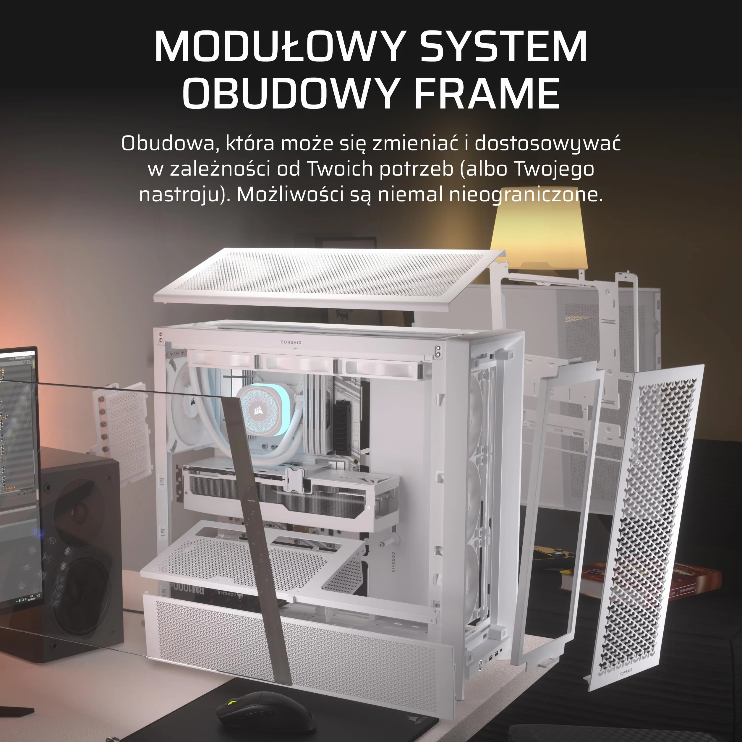 CORSAIR Modułowa obudowa PC 4000D RS Frame High Airflow Mid-Tower PC - 3 x wentylatory CORSAIR RS - system montażu wentylatora InfiniRail™ - pasuje do wielu grzejników 360 mm - kompatybilna z płytą