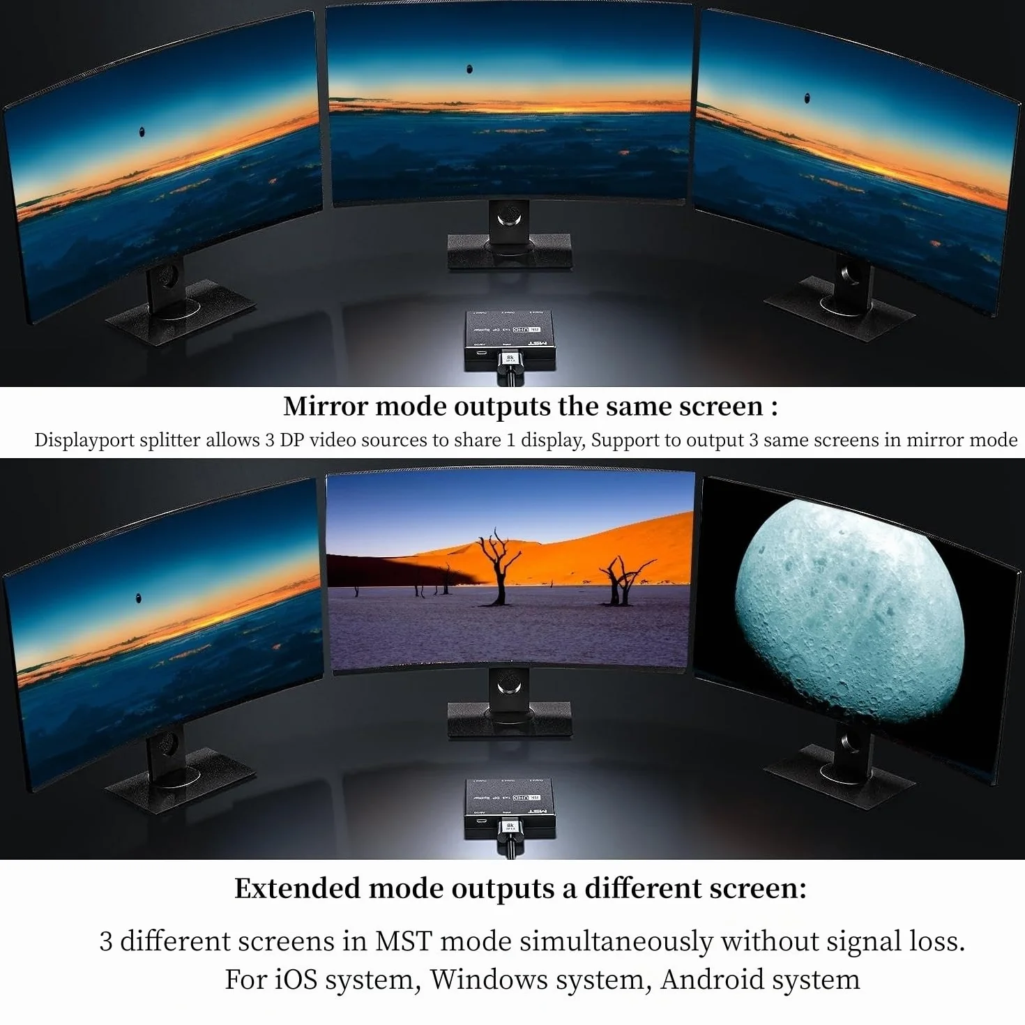 Przełącznik rozdzielacza Displayport DP 1.4 8K przy 30 Hz 4K przy 144 Hz, 1 wejście i 3 wyjścia Przełącznik Displayport, kompatybilny z wieloma źródłami wideo i interfejsami monitora