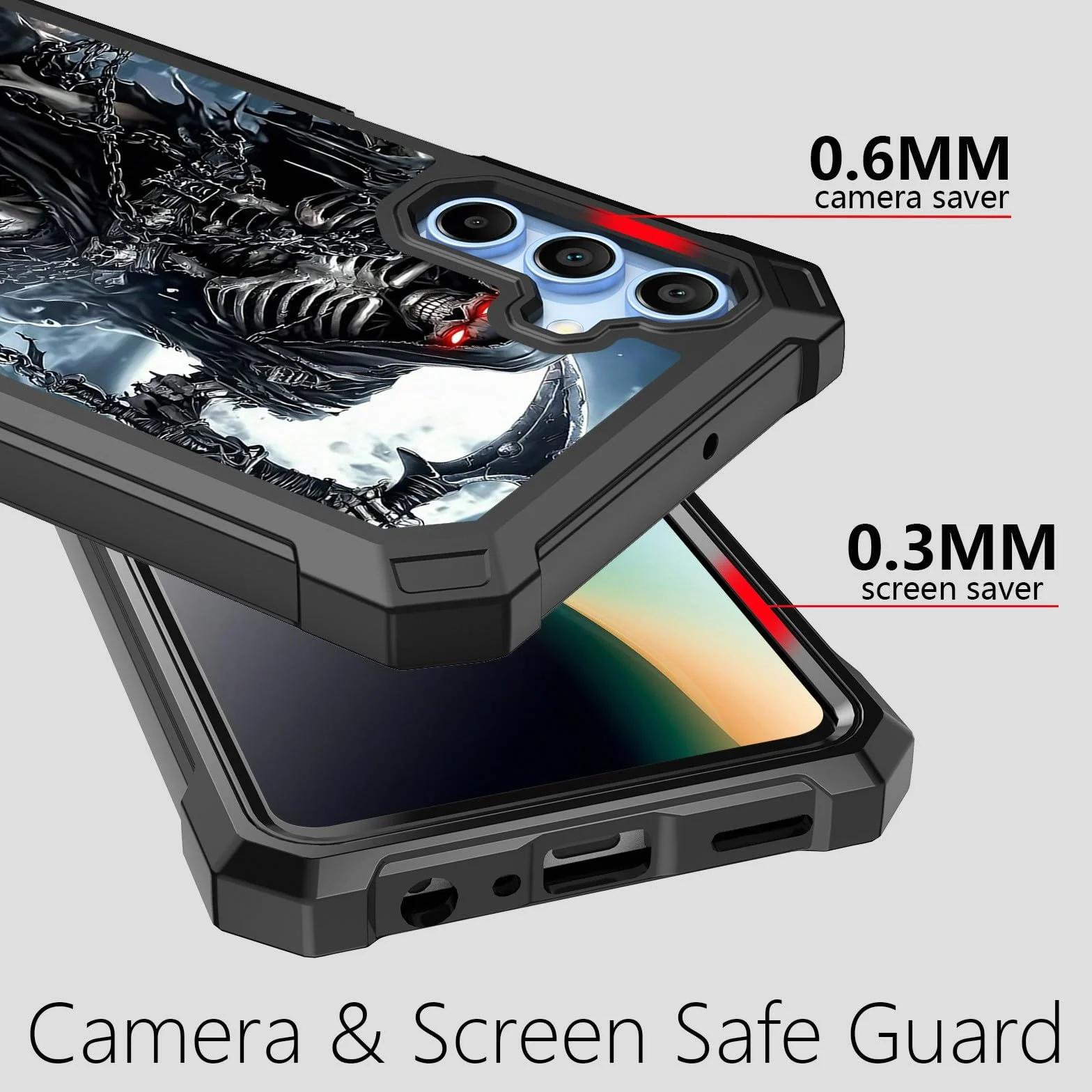 Etui do Samsung Galaxy A15 5G z osłoną ekranu ze szkła hartowanego, wytrzymałe, dwuwarstwowe, hybrydowe, ponure czaszki, żniwiarz, odporne na wstrząsy, ochronne etui na telefon Samsung Galaxy